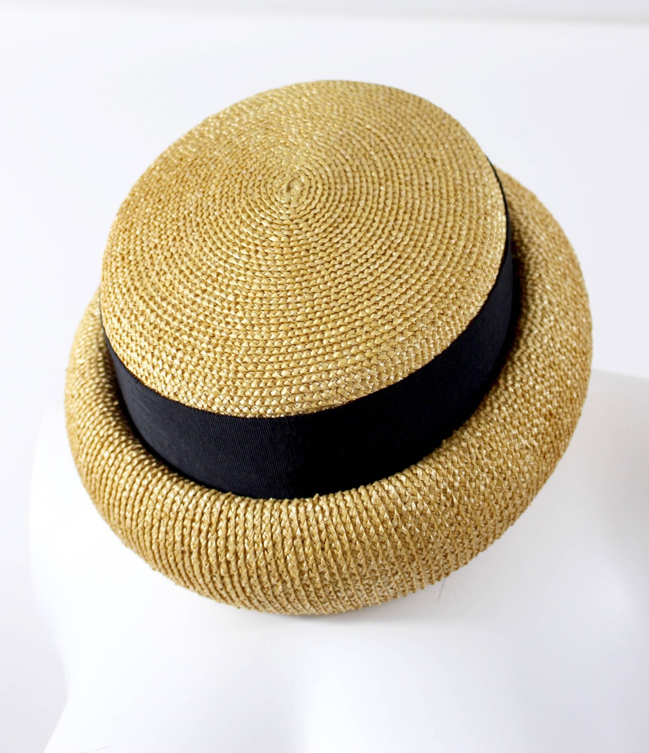 Beige Vintage Chanel Tan and Black Grosgrain Ribbon Rolled Brim Hat