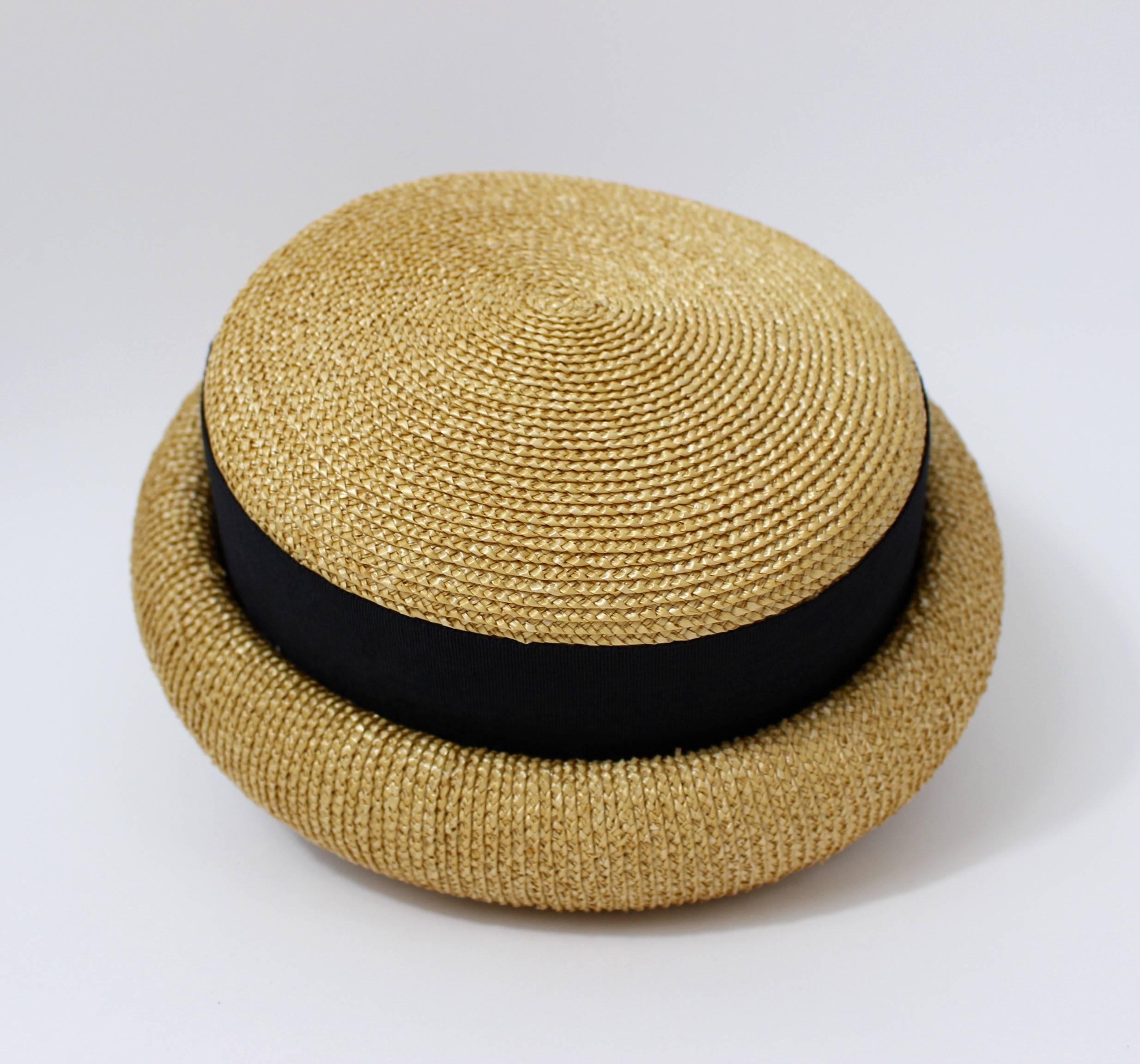 Women's Vintage Chanel Tan and Black Grosgrain Ribbon Rolled Brim Hat