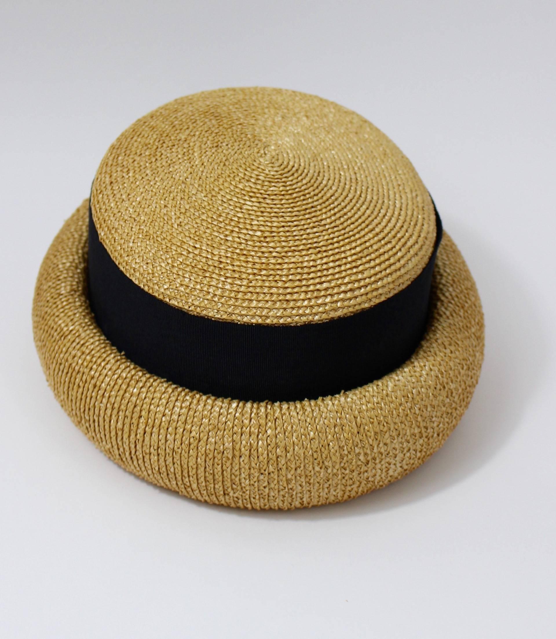 Vintage Chanel Tan and Black Grosgrain Ribbon Rolled Brim Hat In Excellent Condition In Boca Raton, FL
