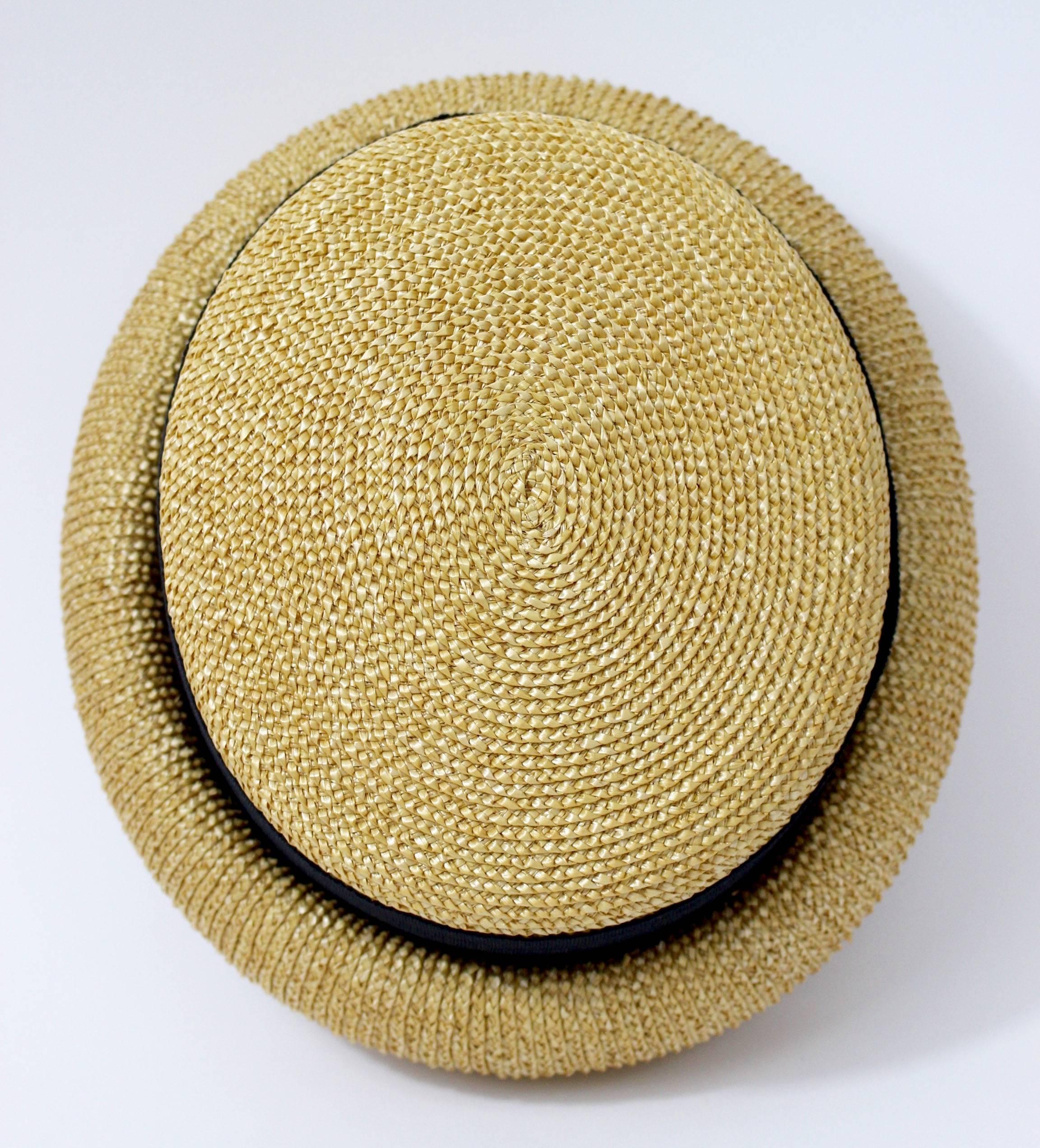 Vintage Chanel Tan and Black Grosgrain Ribbon Rolled Brim Hat 1