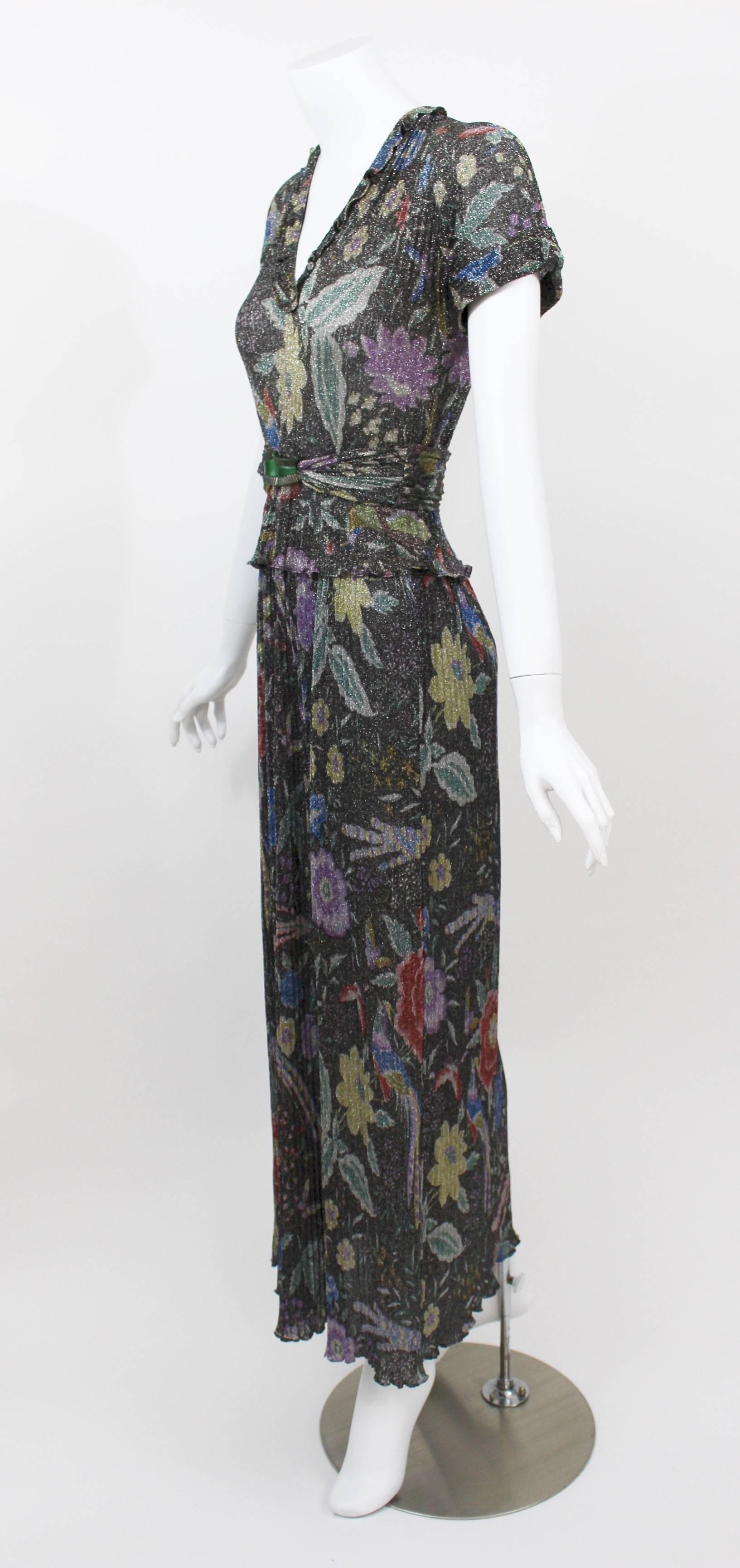 1970s Missoni Metallic Knit Floral & Bird Print Ensemble Rare Documented In Excellent Condition In Boca Raton, FL