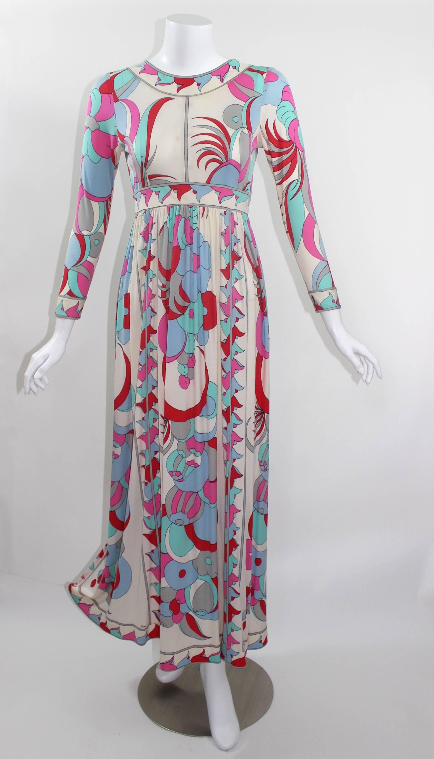 1960s Bessi Silk Jersey Multicolored  Print Maxi Dress 1