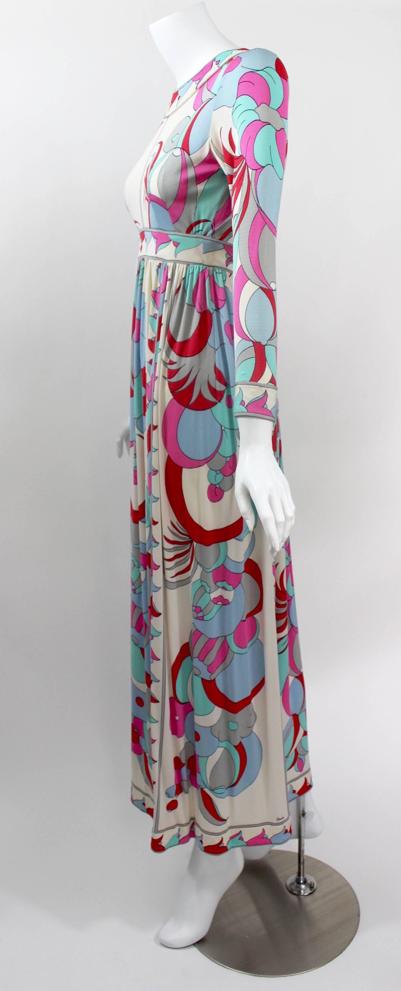 1960s Bessi Silk Jersey Multicolored  Print Maxi Dress In Excellent Condition In Boca Raton, FL