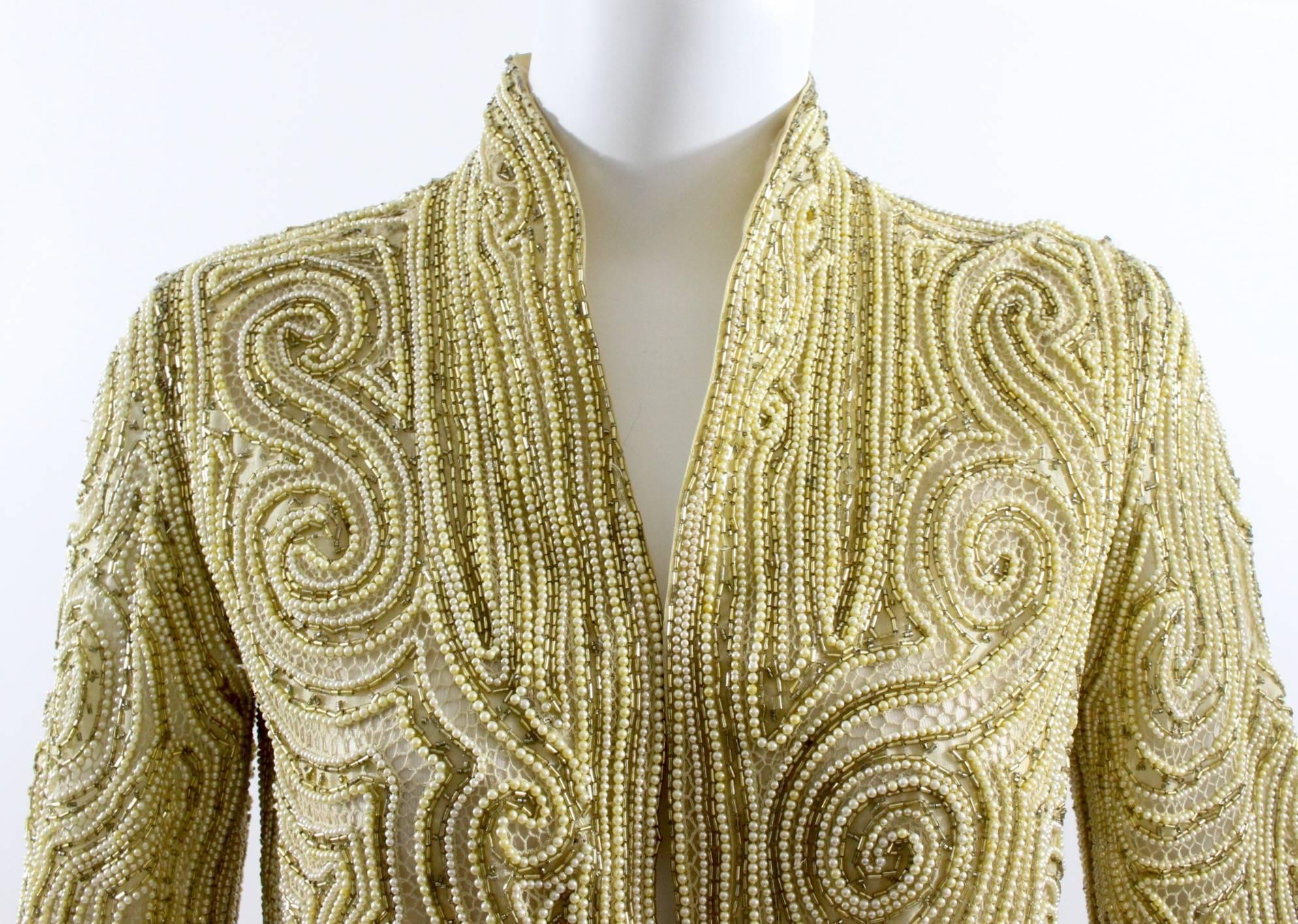 Brown 1970s Halston Hand Embroidered Beads & Golden Pearl Silk Organza Jacket