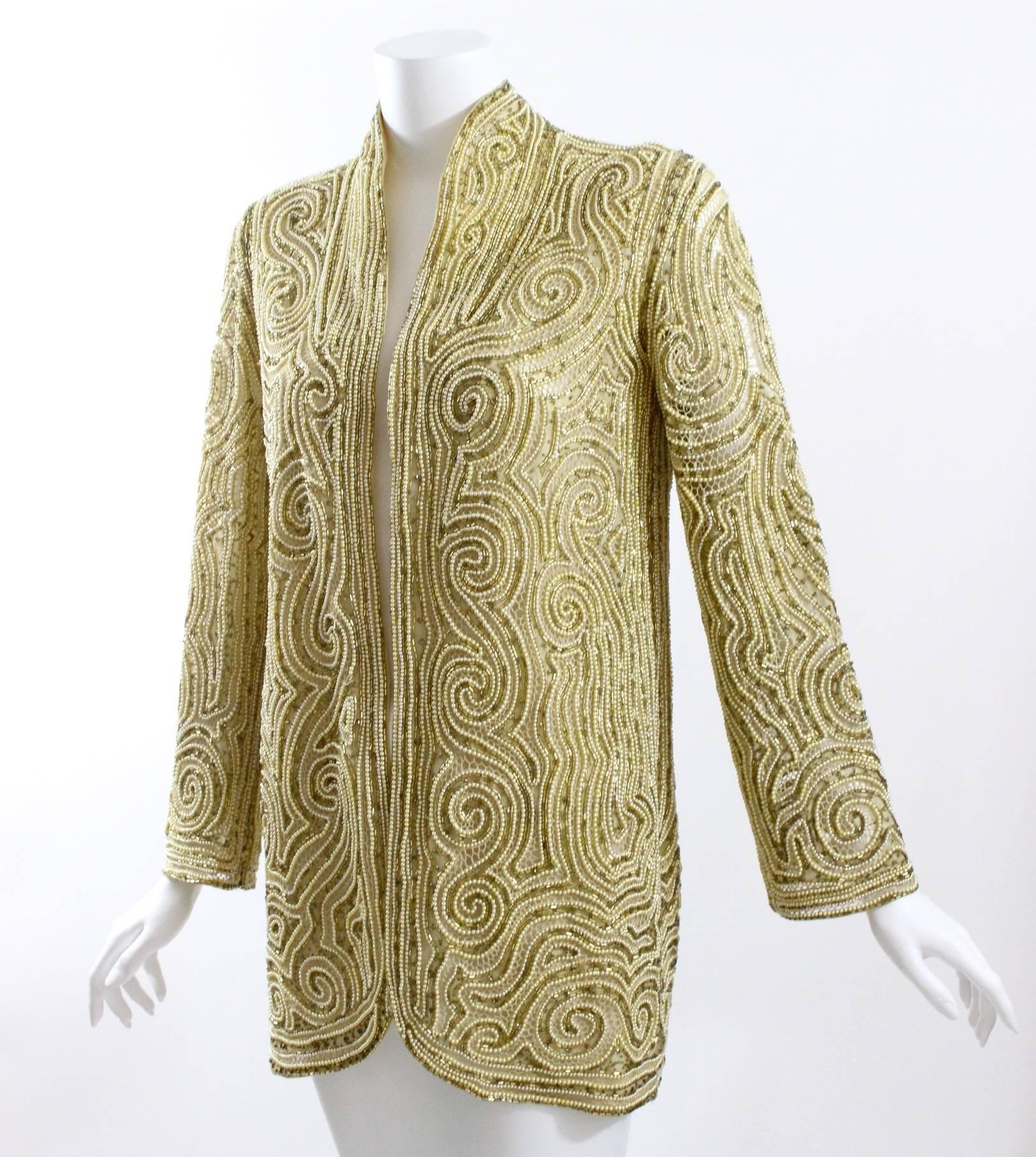 Women's 1970s Halston Hand Embroidered Beads & Golden Pearl Silk Organza Jacket