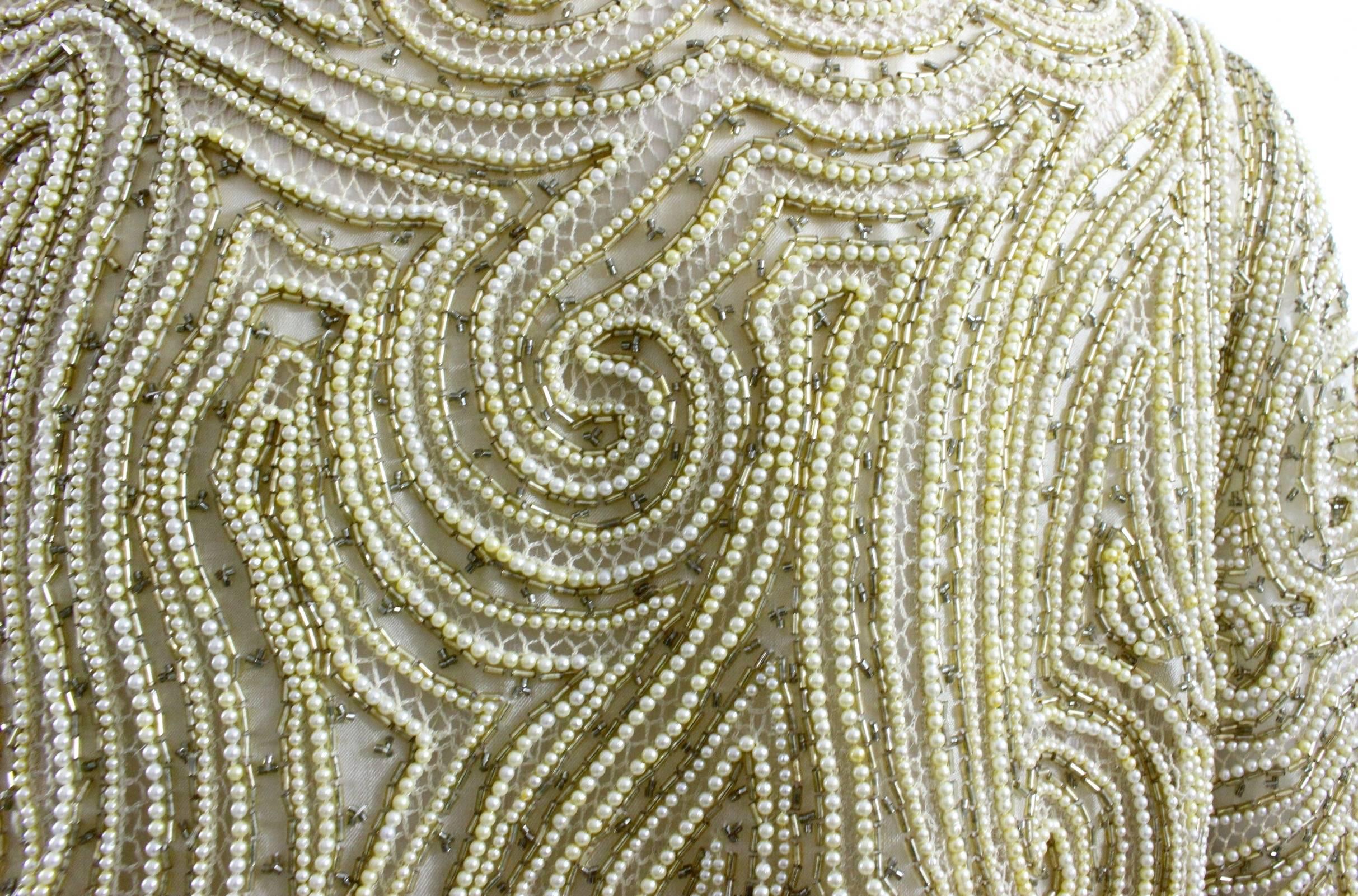 1970s Halston Hand Embroidered Beads & Golden Pearl Silk Organza Jacket 4