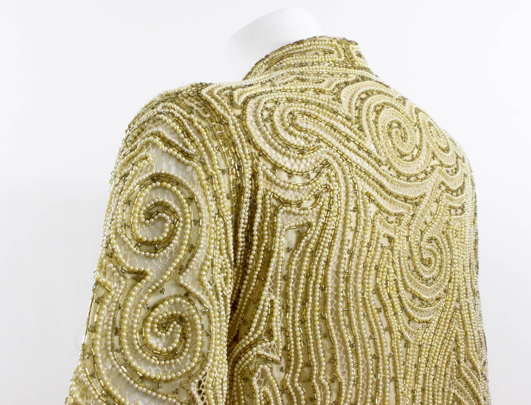 1970s Halston Hand Embroidered Beads & Golden Pearl Silk Organza Jacket In Good Condition In Boca Raton, FL