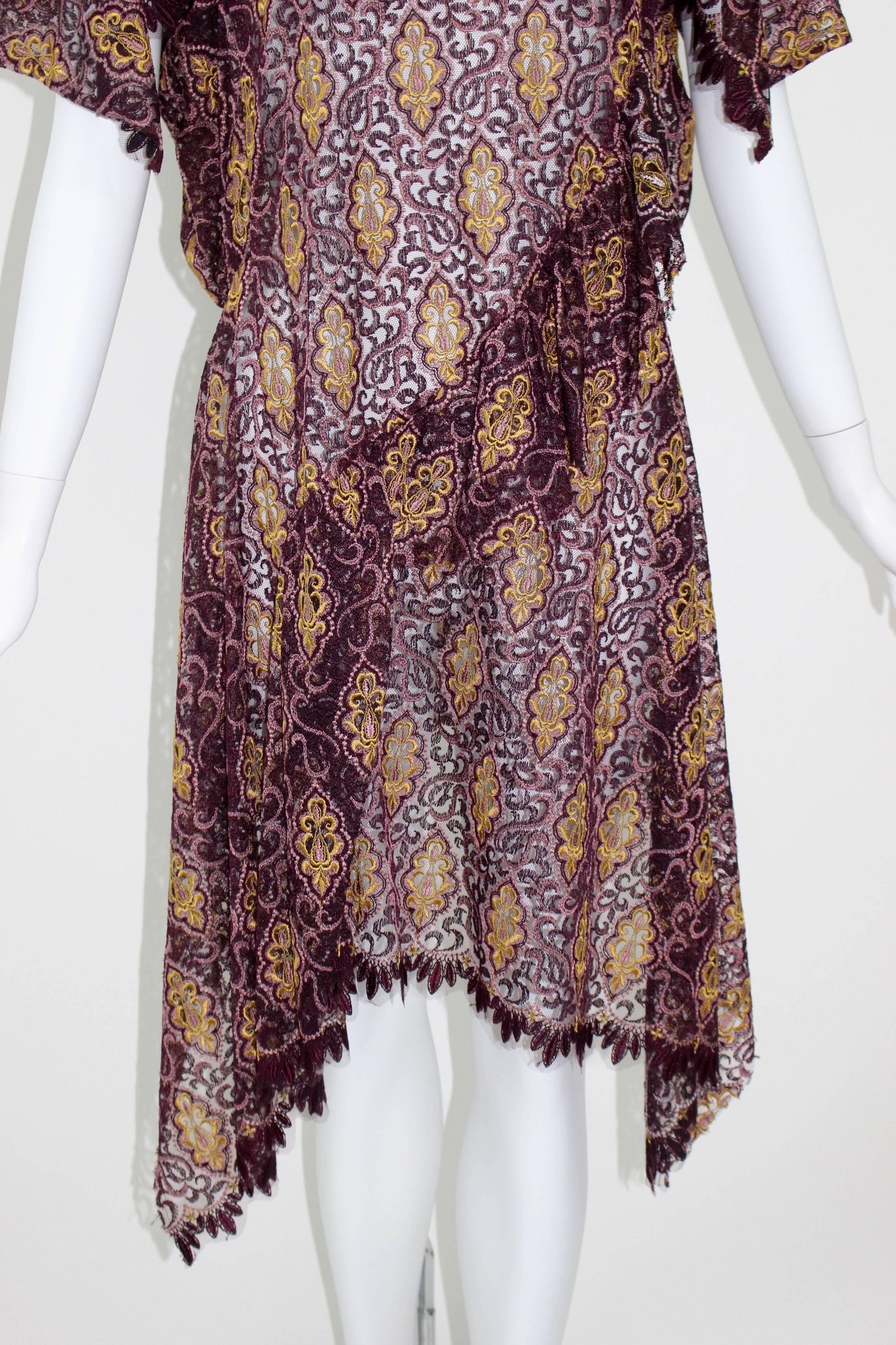  Junya Watanabe Comme des Garcons Burgundy Purple Gold Lace Kimono Sleeve Dress In Excellent Condition For Sale In Boca Raton, FL