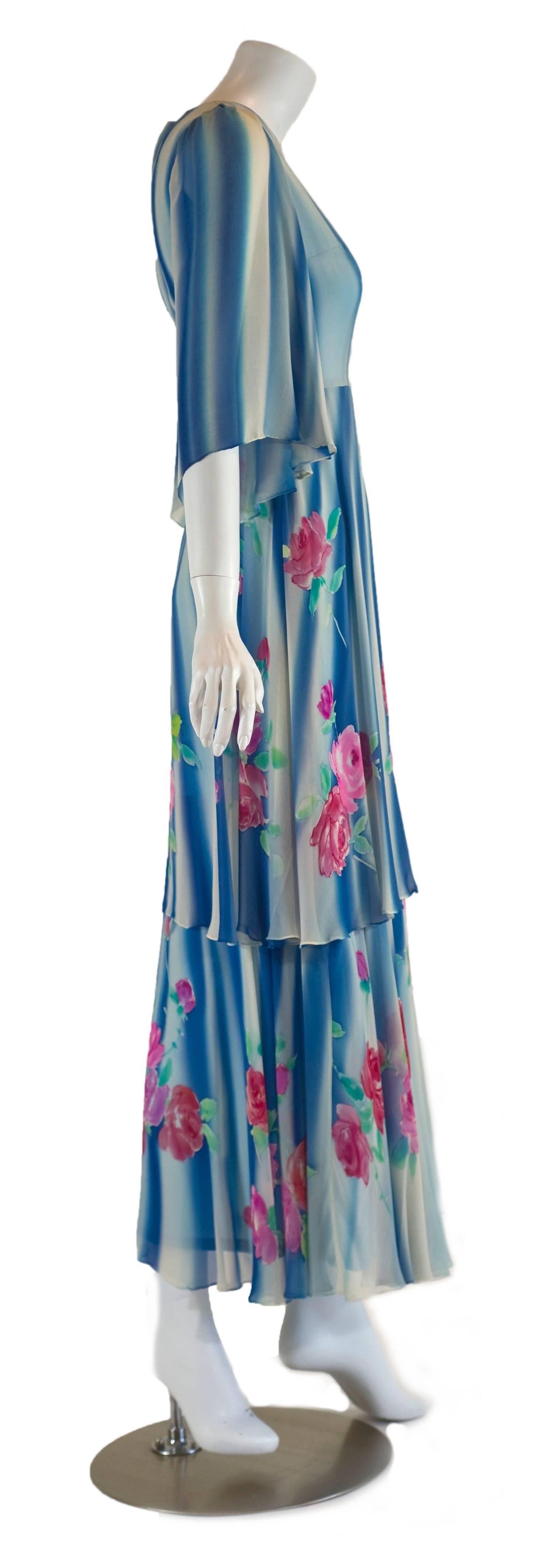 1970s Blue and White Painted Silk Chiffon Floral Layered Angel Sleeve Dress In Excellent Condition In Boca Raton, FL