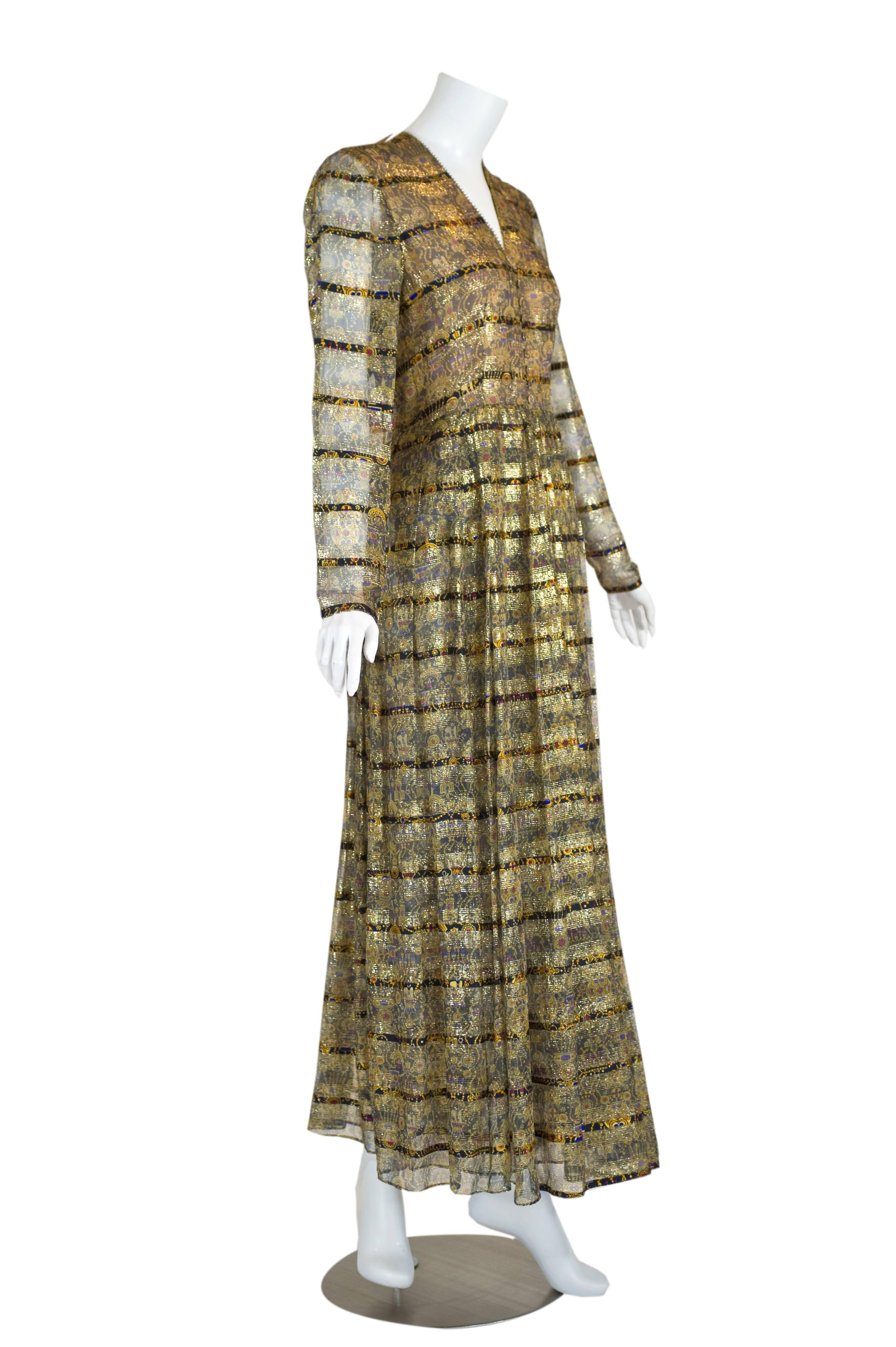 Brown 1970s Bergdorf Goodman Silk and Gold Metallic Print Dress