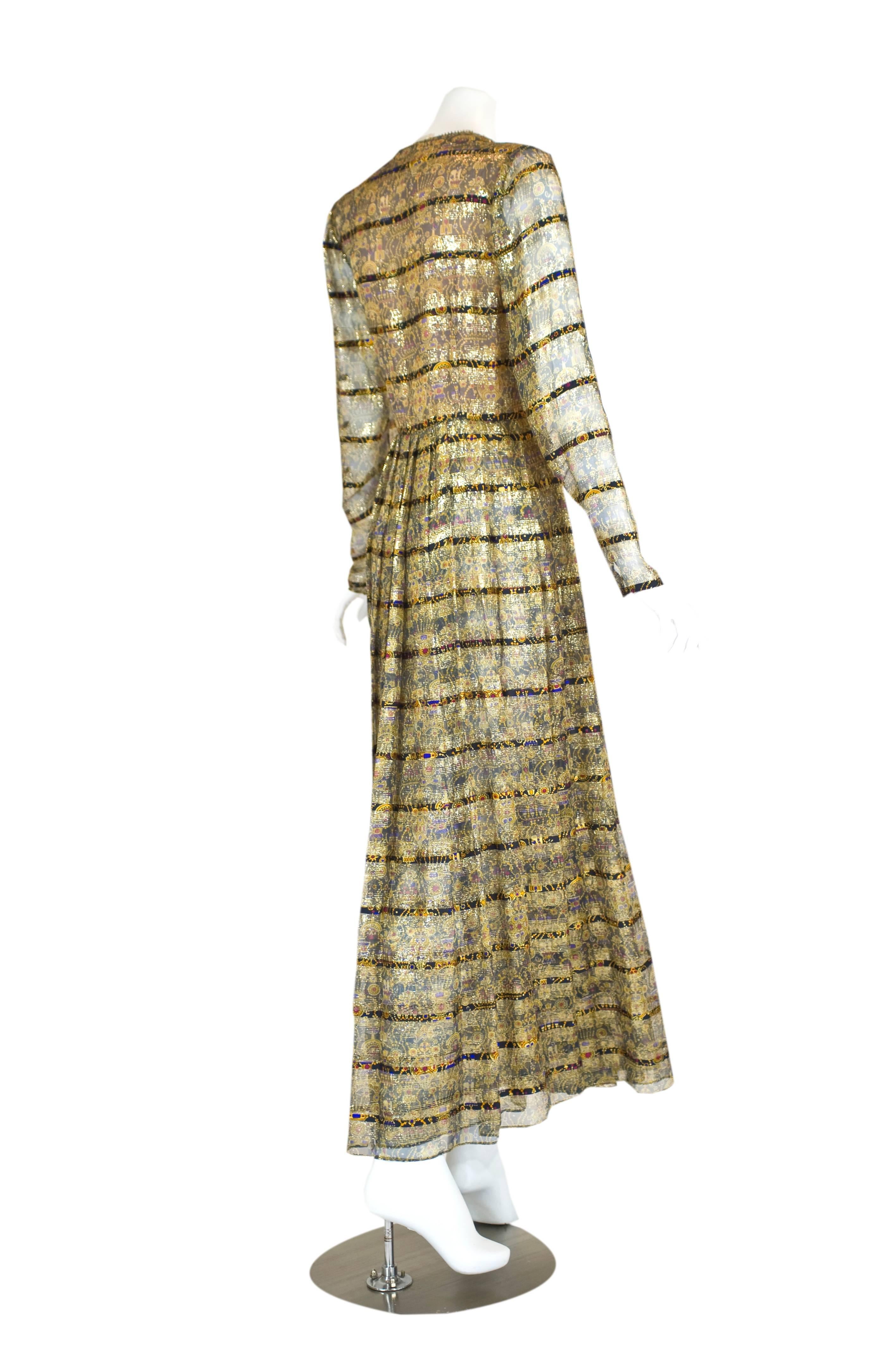 1970s Bergdorf Goodman Silk and Gold Metallic Print Dress In Excellent Condition In Boca Raton, FL