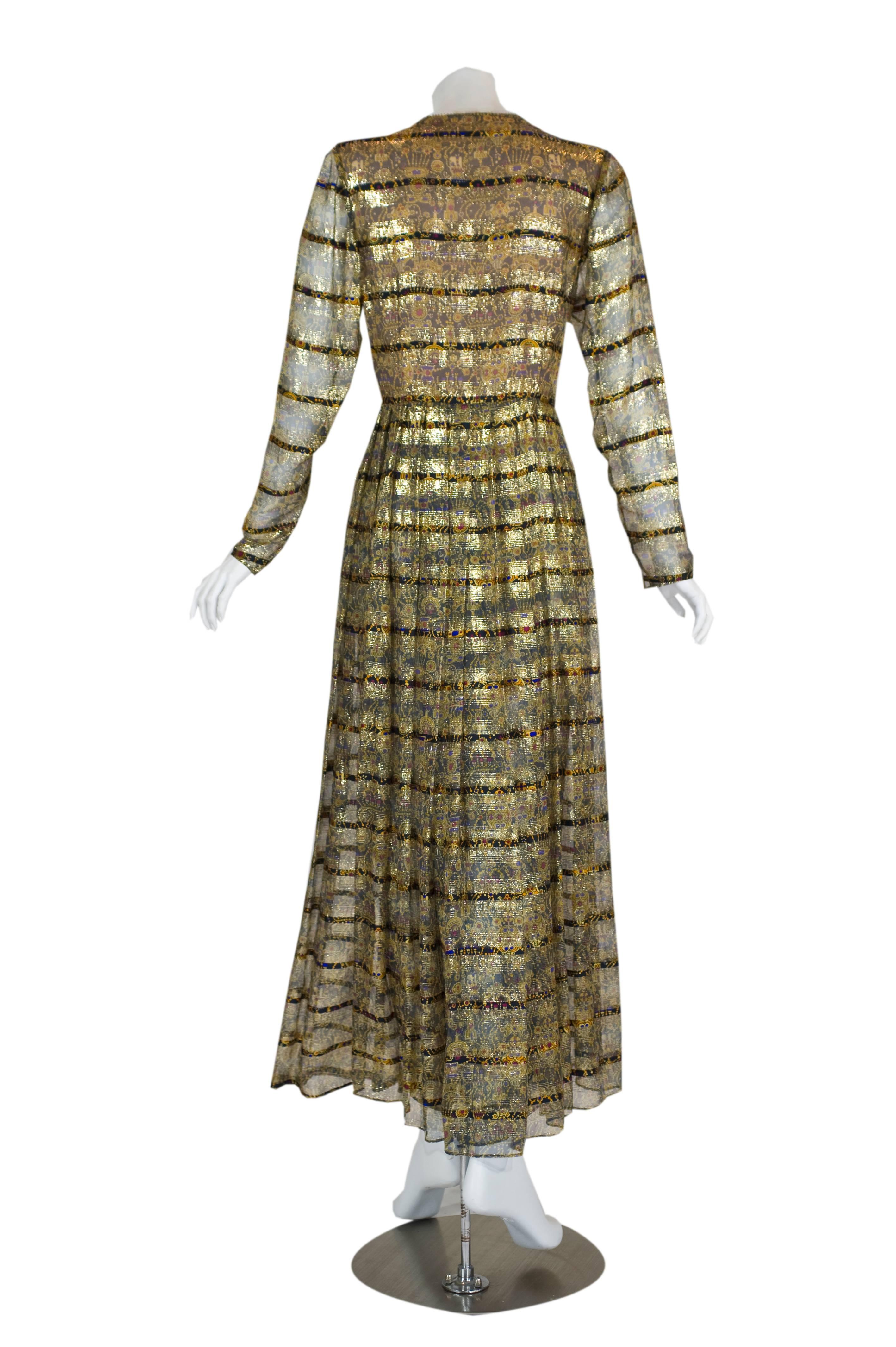 Women's 1970s Bergdorf Goodman Silk and Gold Metallic Print Dress
