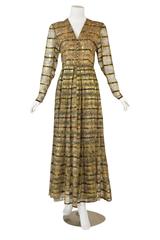 1970s Bergdorf Goodman Silk and Gold Metallic Print Dress