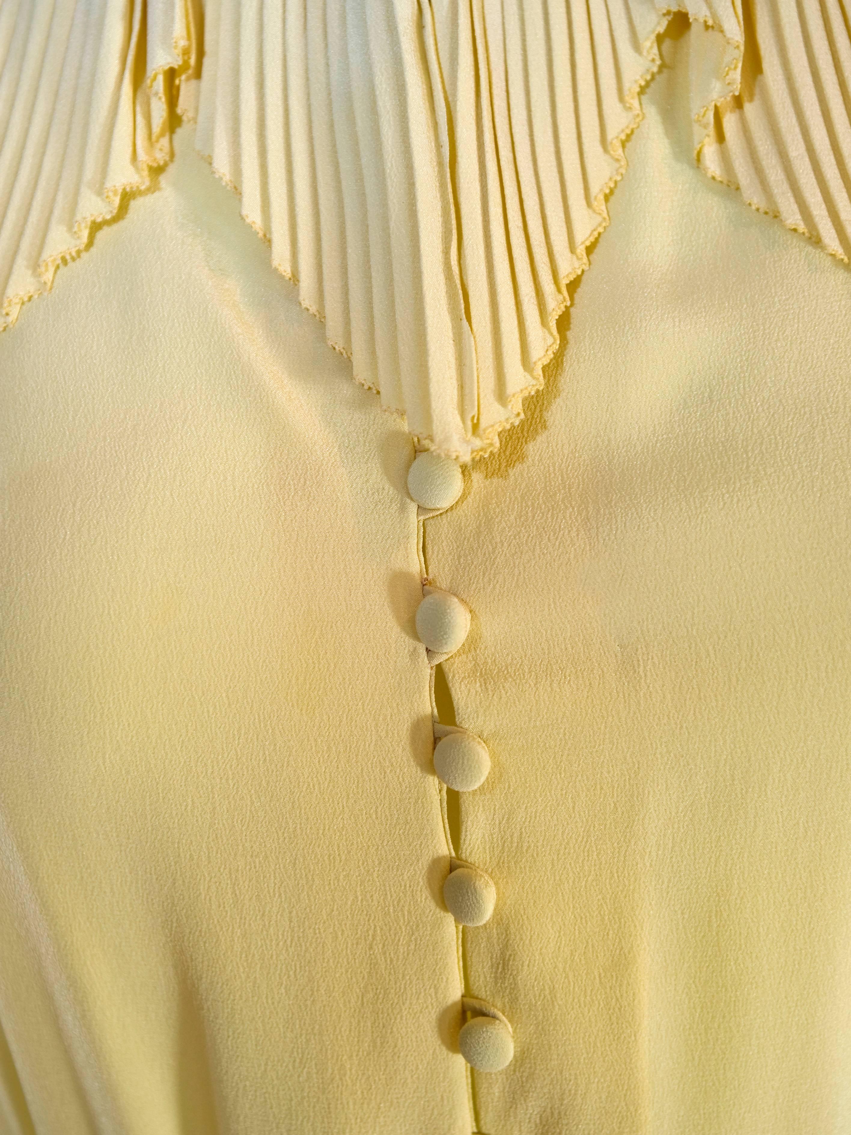 Karl Lagerfeld for Chloé Soft Yellow Silk Accordion Pleat Collar Dress, 1970s 1