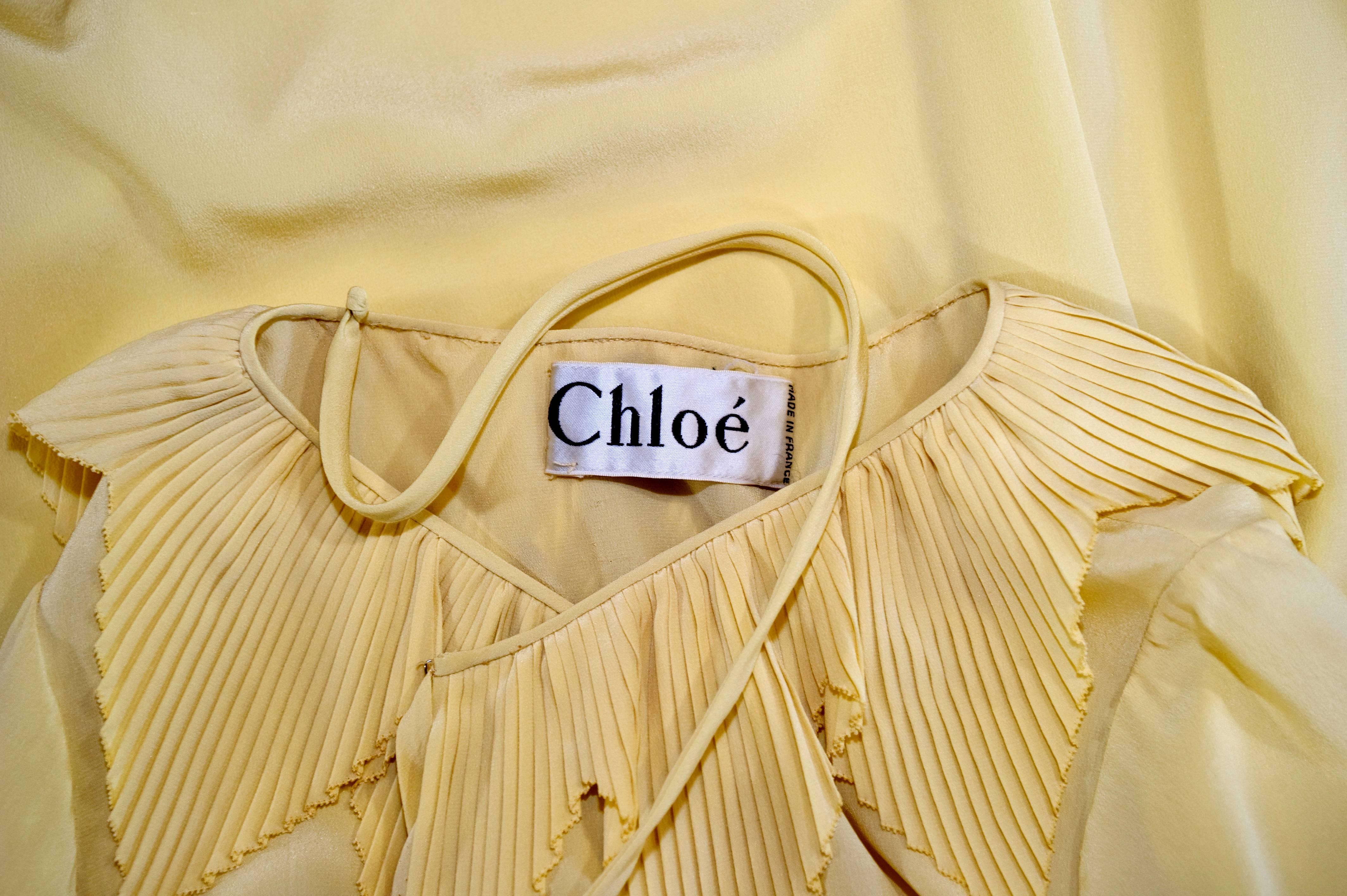 Karl Lagerfeld for Chloé Soft Yellow Silk Accordion Pleat Collar Dress, 1970s 2