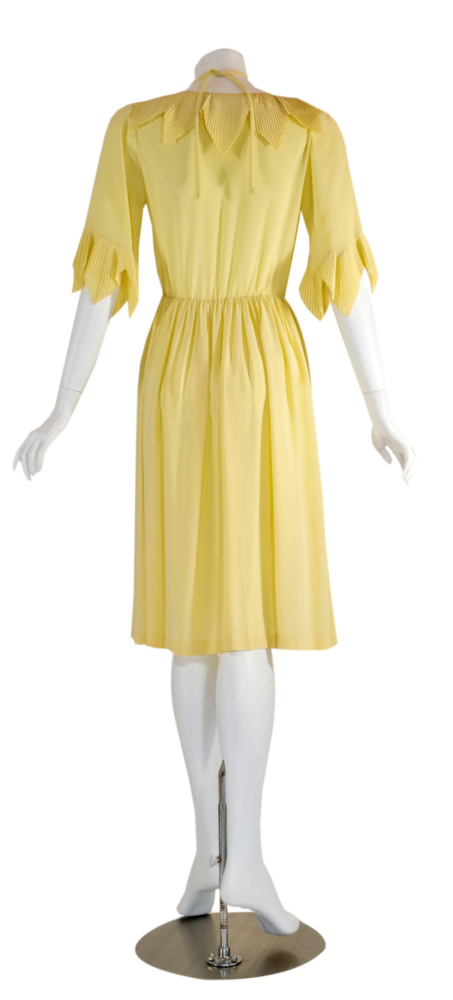 Women's Karl Lagerfeld for Chloé Soft Yellow Silk Accordion Pleat Collar Dress, 1970s