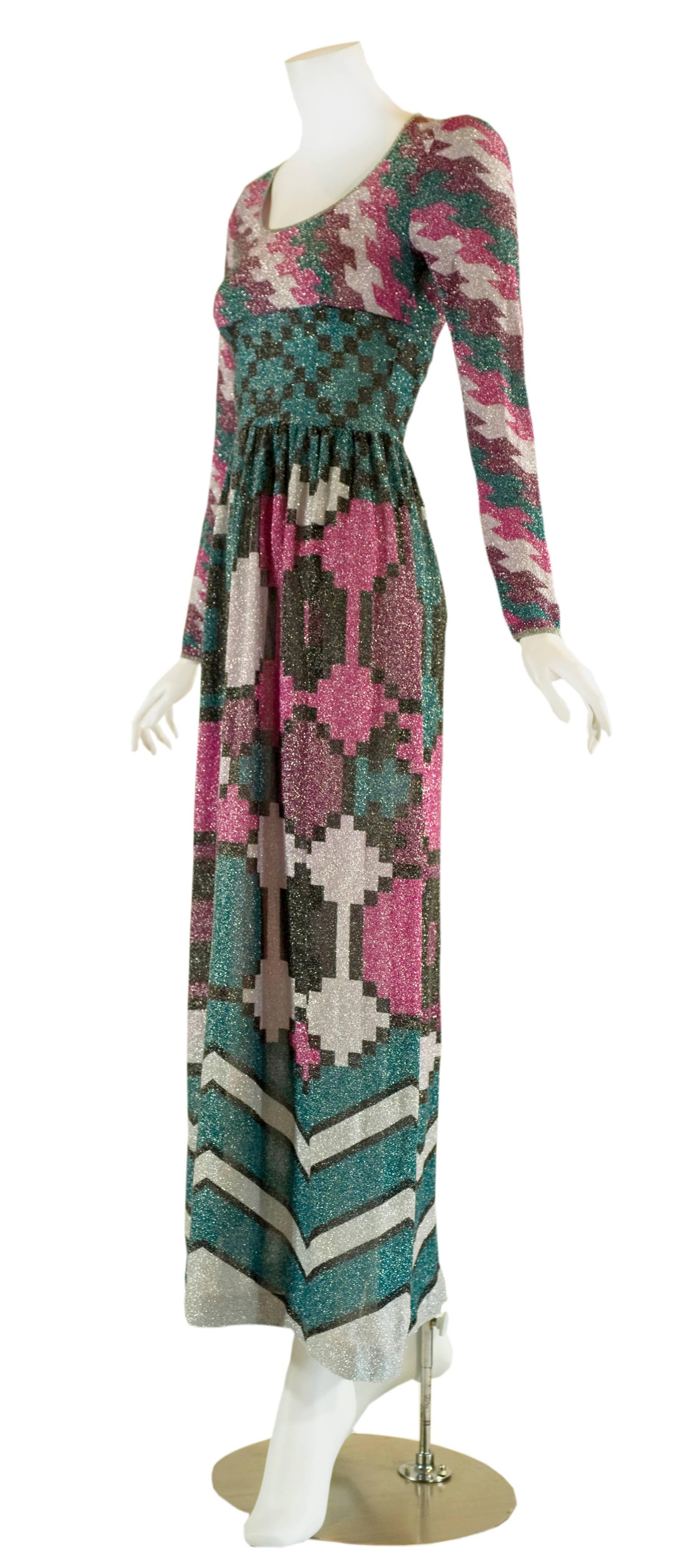 1970s Lanvin Metallic Print Maxi Dress In Excellent Condition In Boca Raton, FL