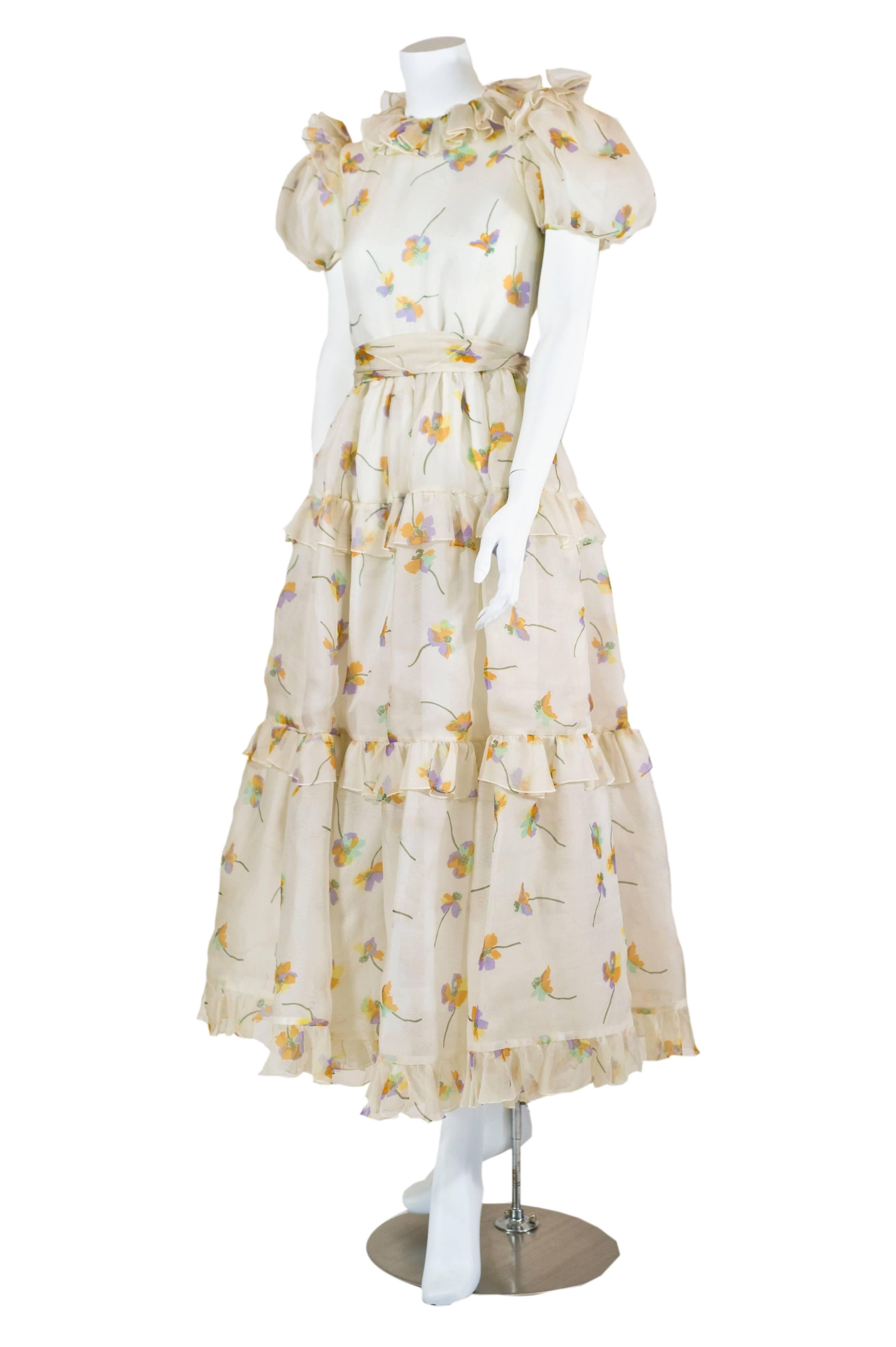 Beige Bill Blass Floral Print Silk Organza Ruffled Party Dress Gown, 1970s 