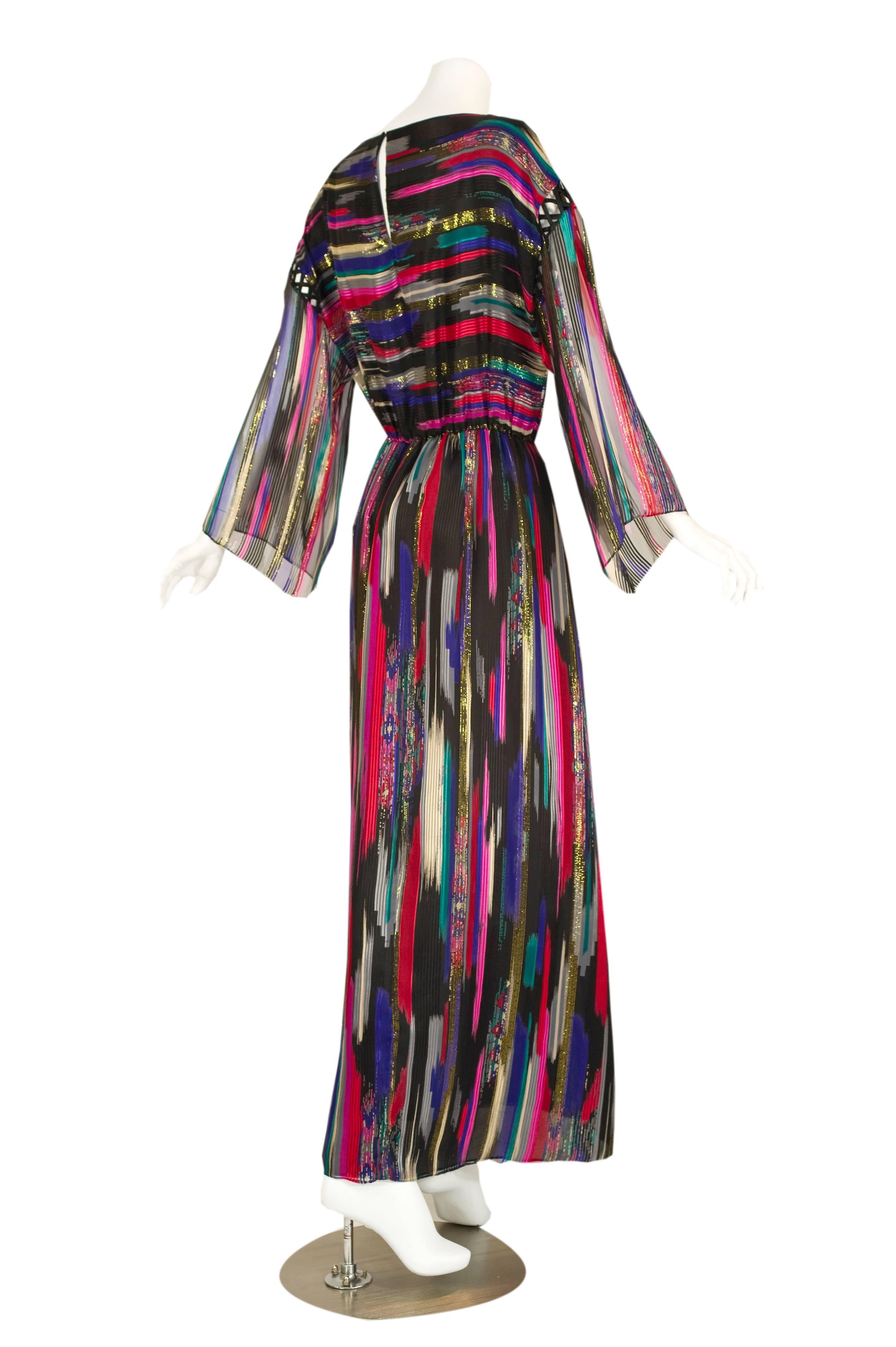 Vintage Hanae Mori  Colorful Metallic Silk Chiffon Kimono Sleeve Dress with Tags In Excellent Condition In Boca Raton, FL