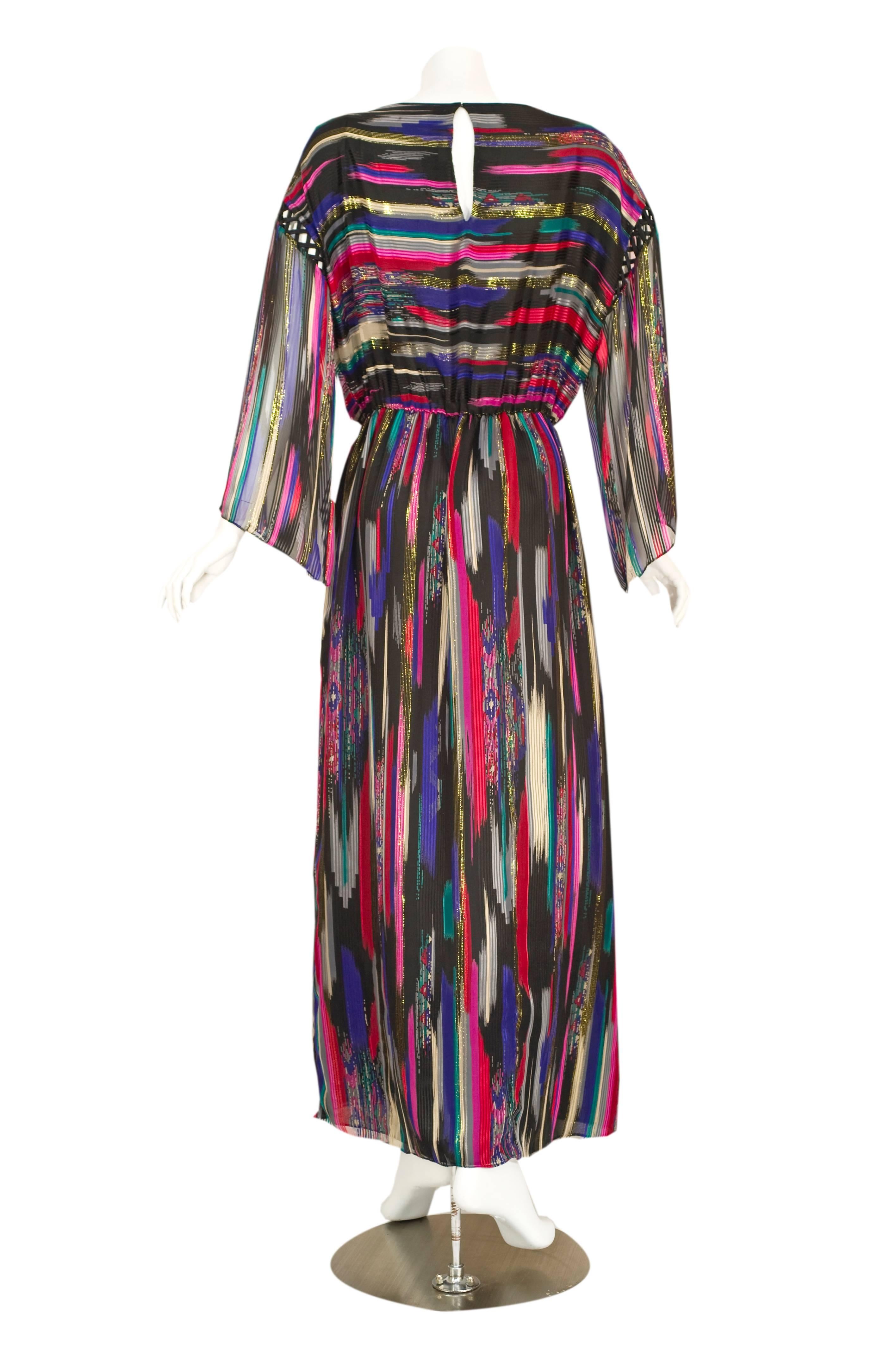 Women's Vintage Hanae Mori  Colorful Metallic Silk Chiffon Kimono Sleeve Dress with Tags