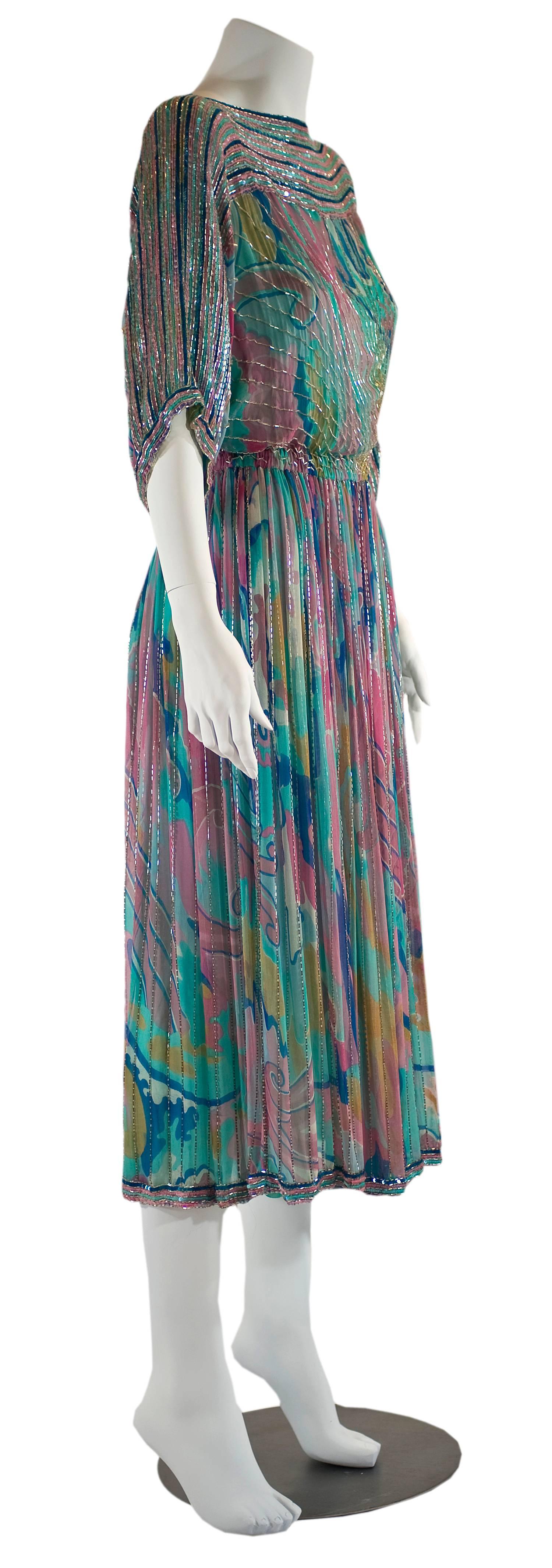 Gray 1970s Judith Ann Watercolor Silk Chiffon and Beaded Dress