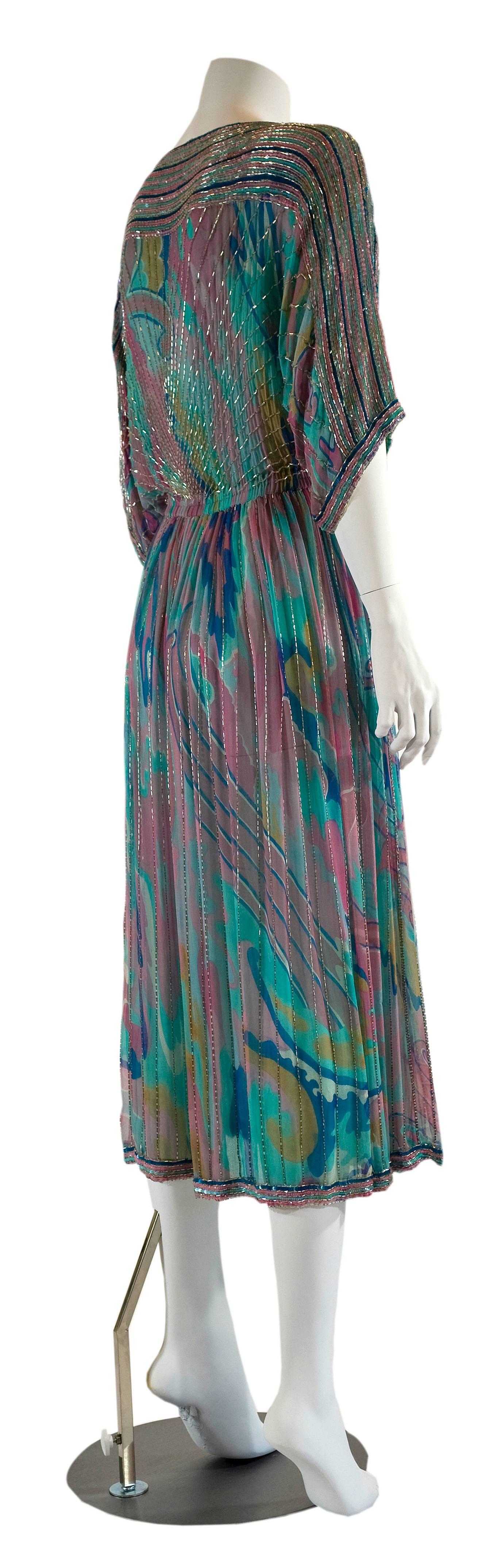 1970s Judith Ann Watercolor Silk Chiffon and Beaded Dress In Excellent Condition In Boca Raton, FL