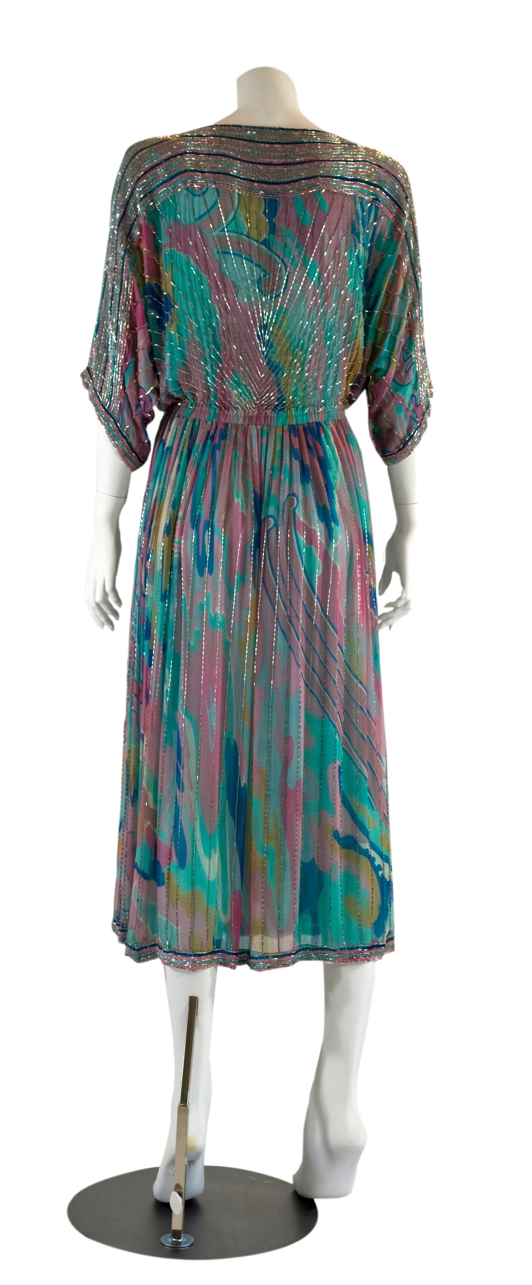 Women's 1970s Judith Ann Watercolor Silk Chiffon and Beaded Dress