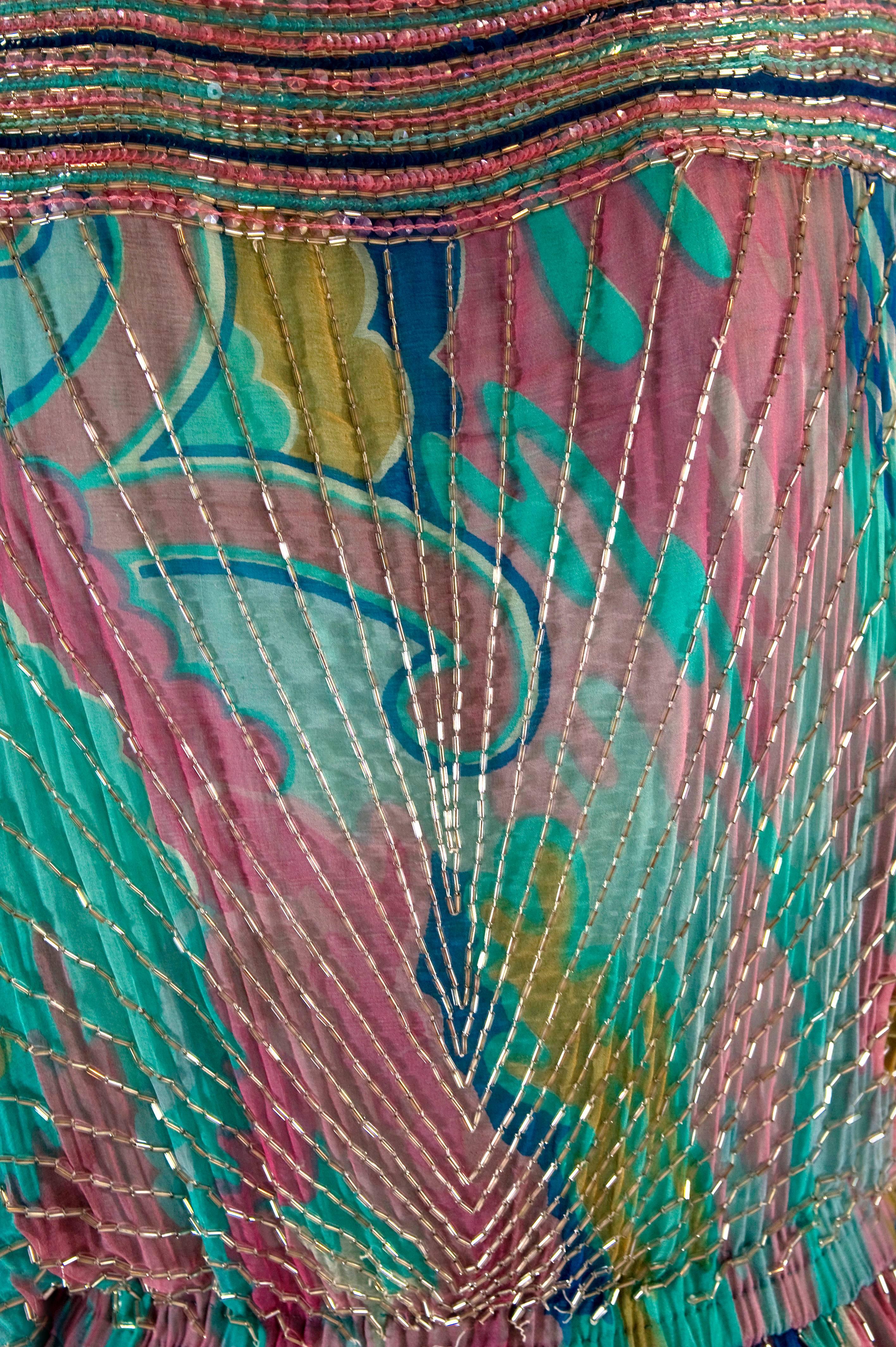 1970s Judith Ann Watercolor Silk Chiffon and Beaded Dress 1