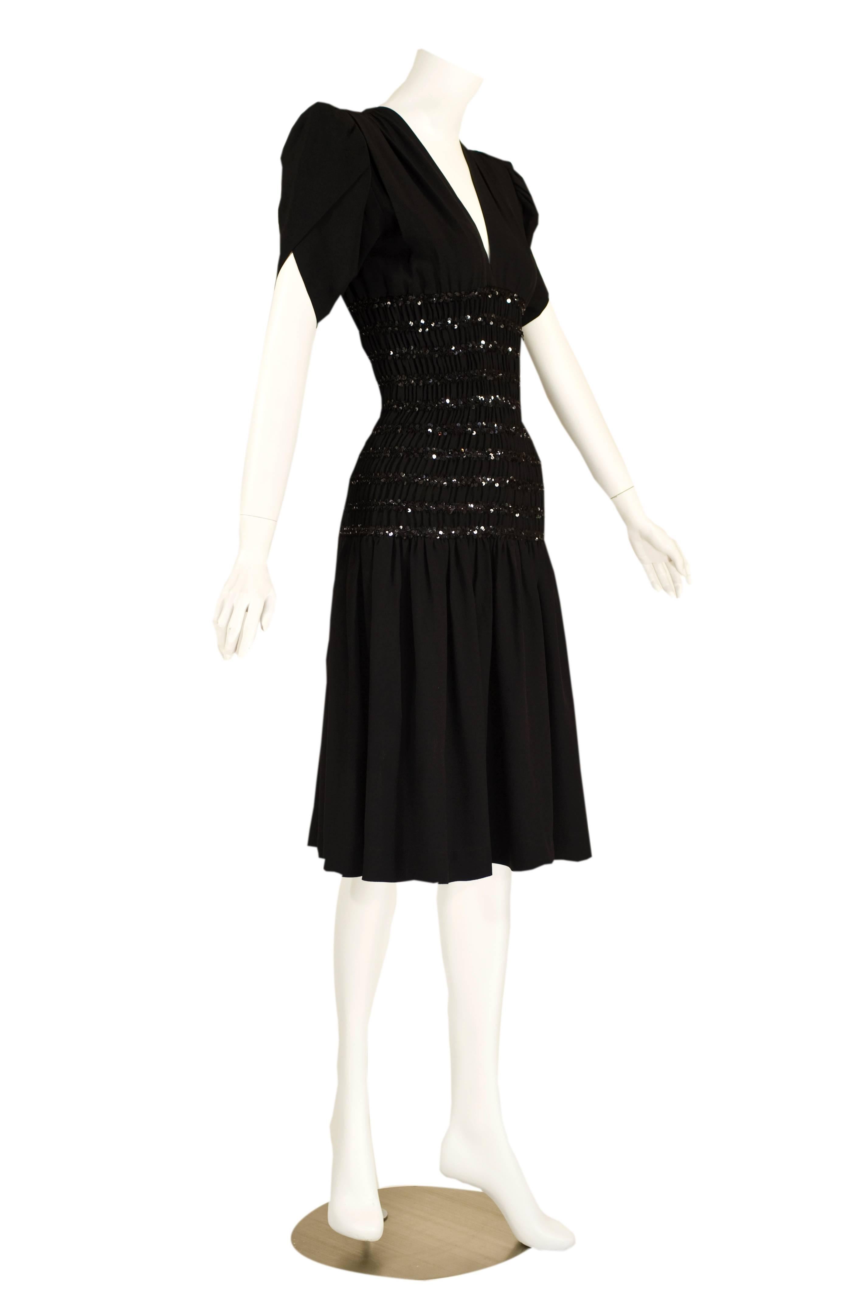 Women's 1980s Yves Saint Laurent Black Crepe and Sequin Waist Dress Documented
