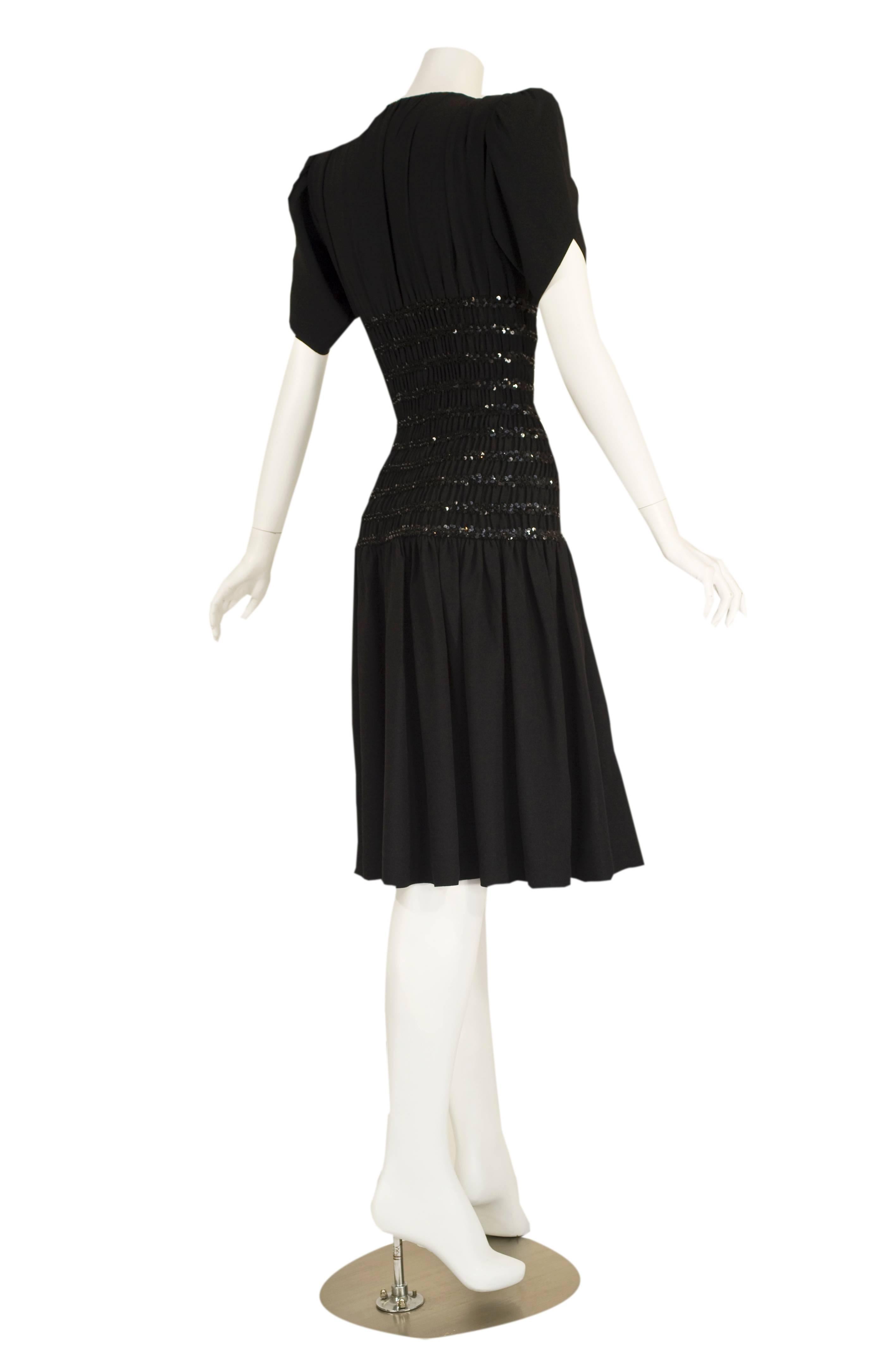 1980s Yves Saint Laurent Black Crepe and Sequin Waist Dress Documented 1