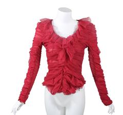 Tom Ford for Yves Saint Laurent Red Ruched Ruffled Silk Top Blouse