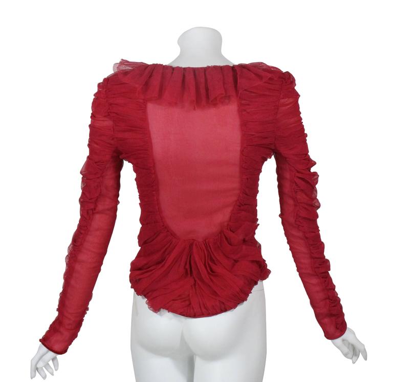 Tom Ford for Yves Saint Laurent Red Ruched Ruffled Silk Top Blouse 1