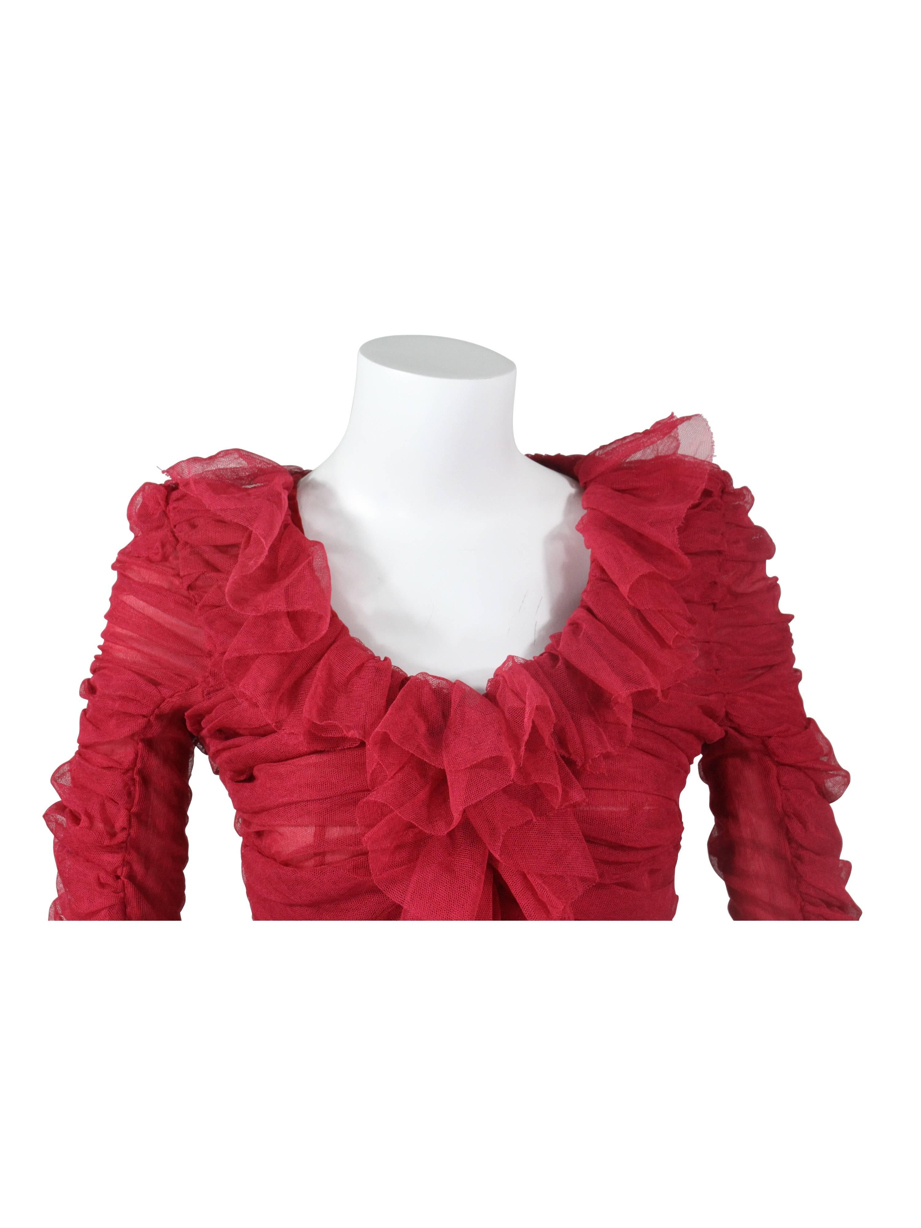 Tom Ford for Yves Saint Laurent Red Ruched Ruffled Silk Top Blouse In Excellent Condition In Boca Raton, FL