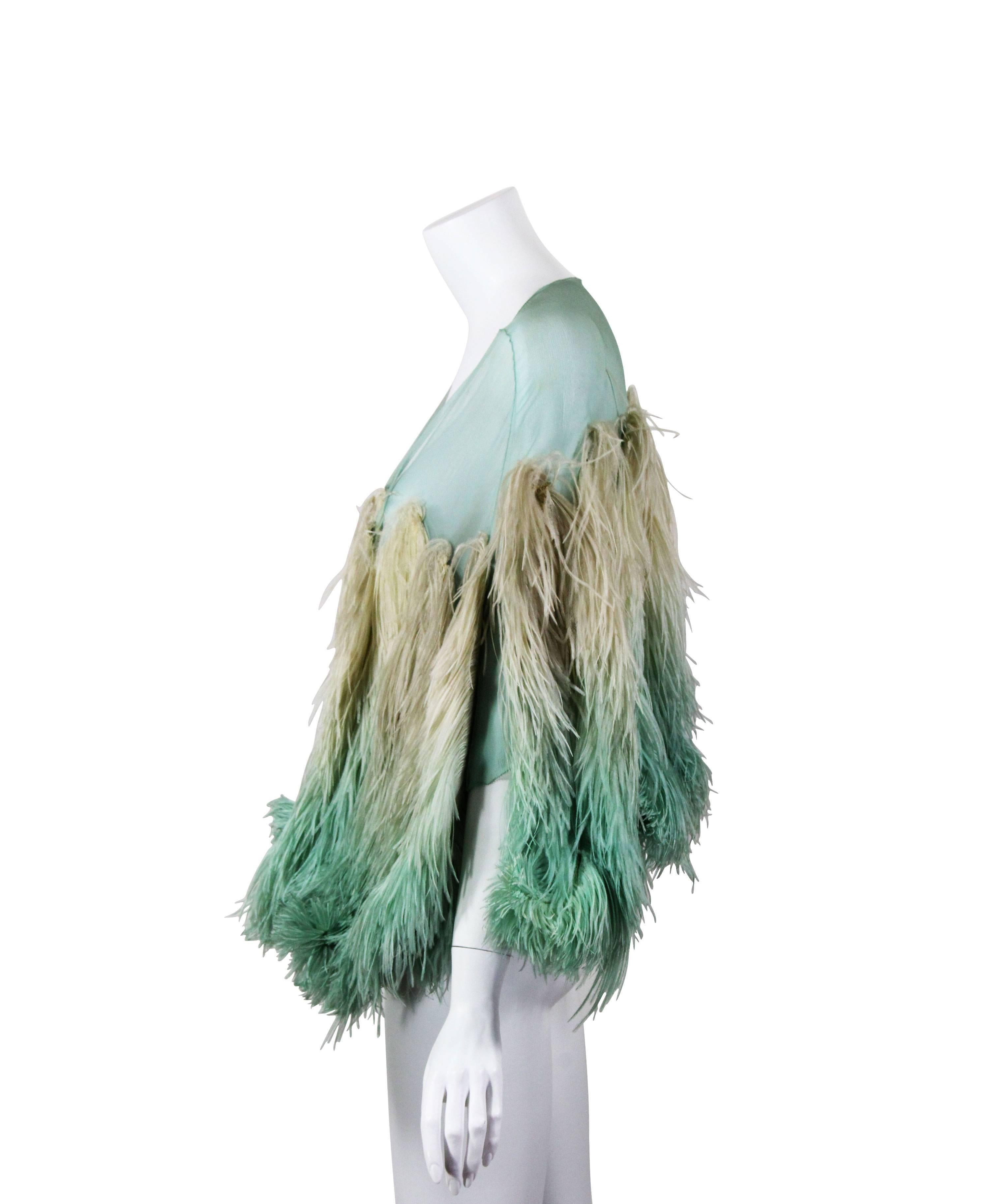 Incredible 1930s Aquamarine Silk and Ombre Ostrich Feather Cape Shawl In Excellent Condition In Boca Raton, FL