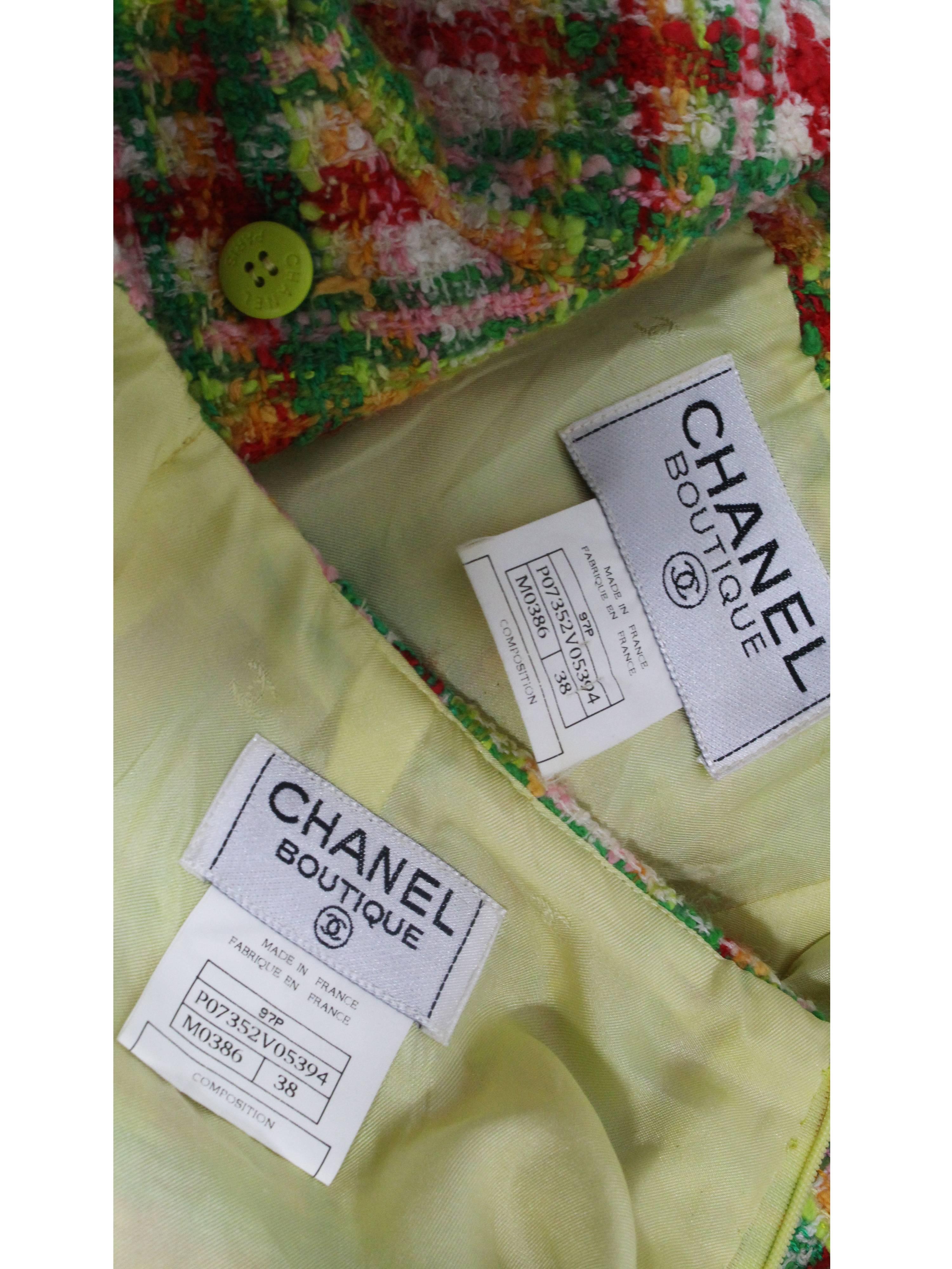 Women's 1990s Chanel Green Plaid Boucle Skirt Suit