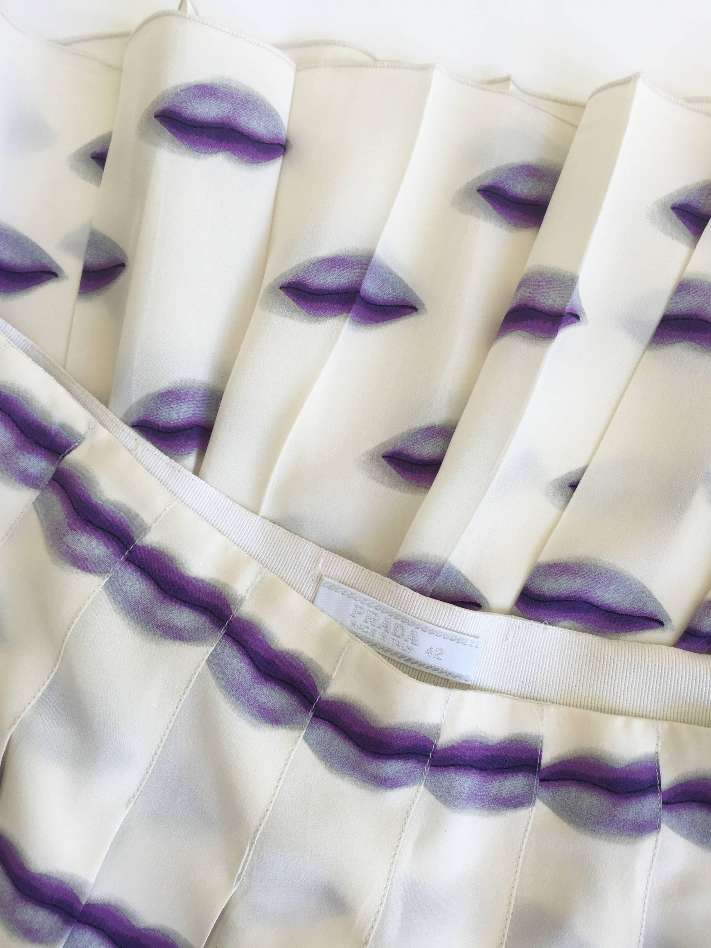 Spring 2000 Prada Purple Lip Print Pleated Silk Skirt 1