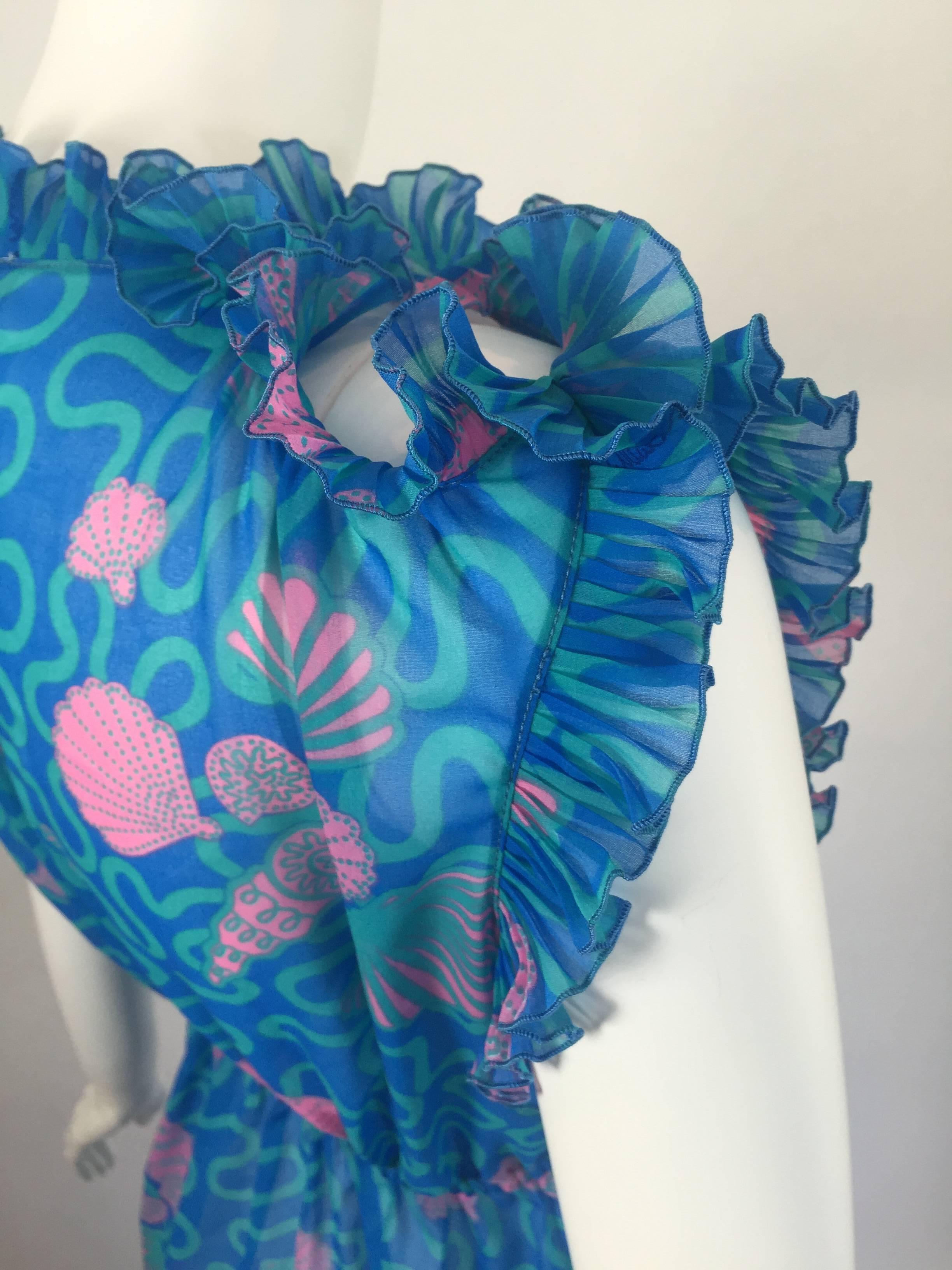 1970s Zandra Rhodes Blue and Pink Seashell Print Sleeveless Caftan Dress In Excellent Condition In Boca Raton, FL