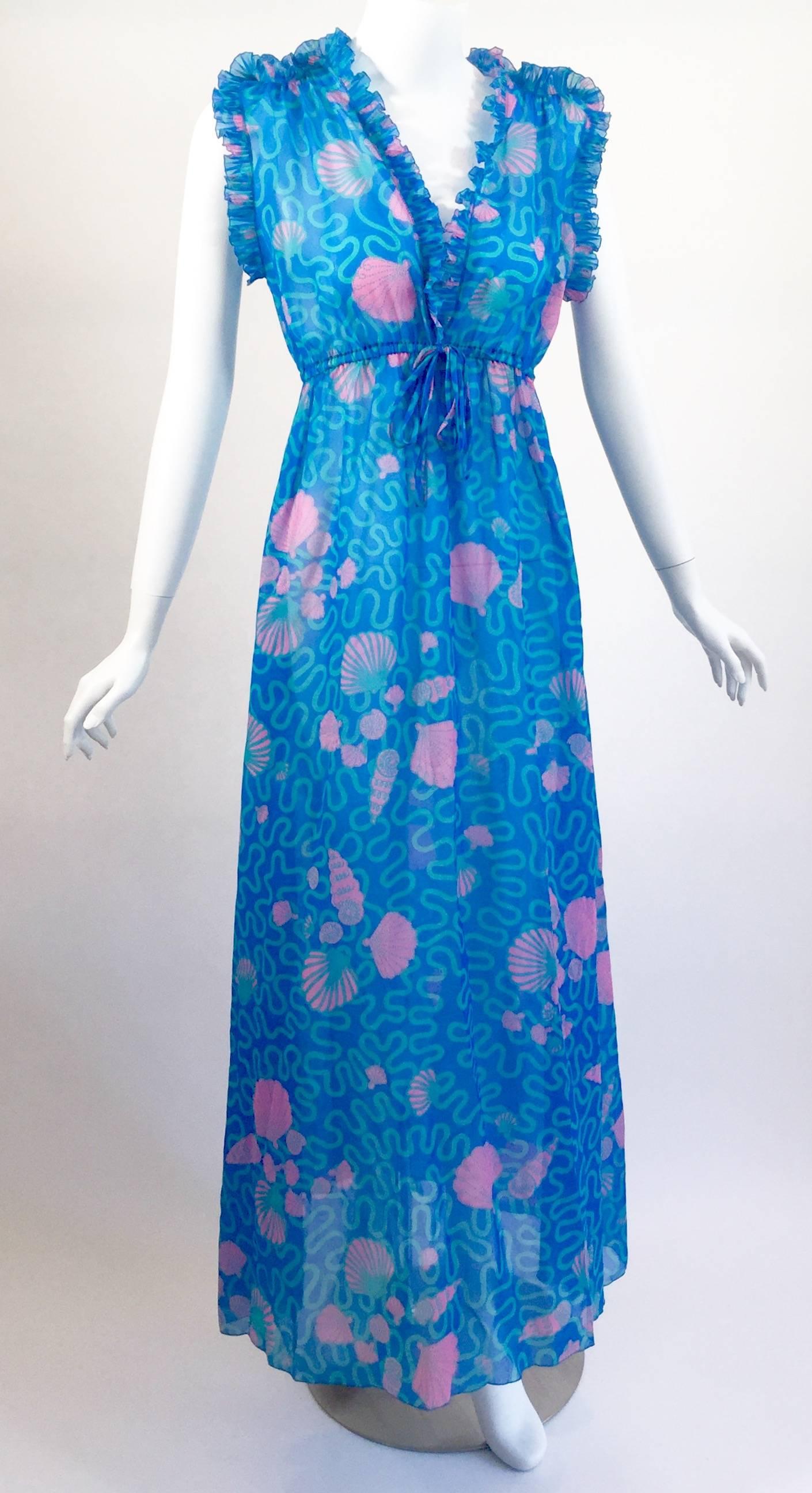 1970s Zandra Rhodes Blue and Pink Seashell Print Sleeveless Caftan Dress 6
