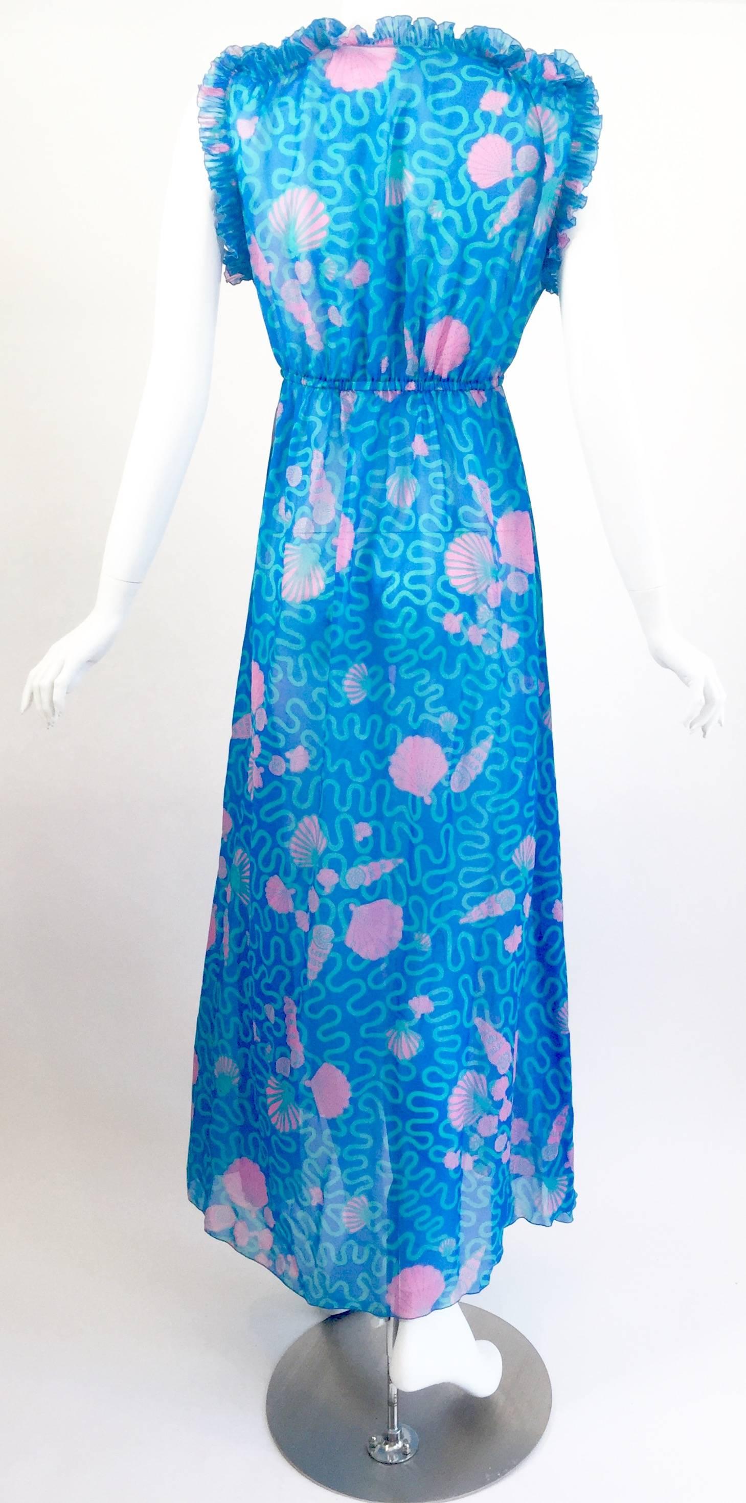 1970s Zandra Rhodes Blue and Pink Seashell Print Sleeveless Caftan Dress 3