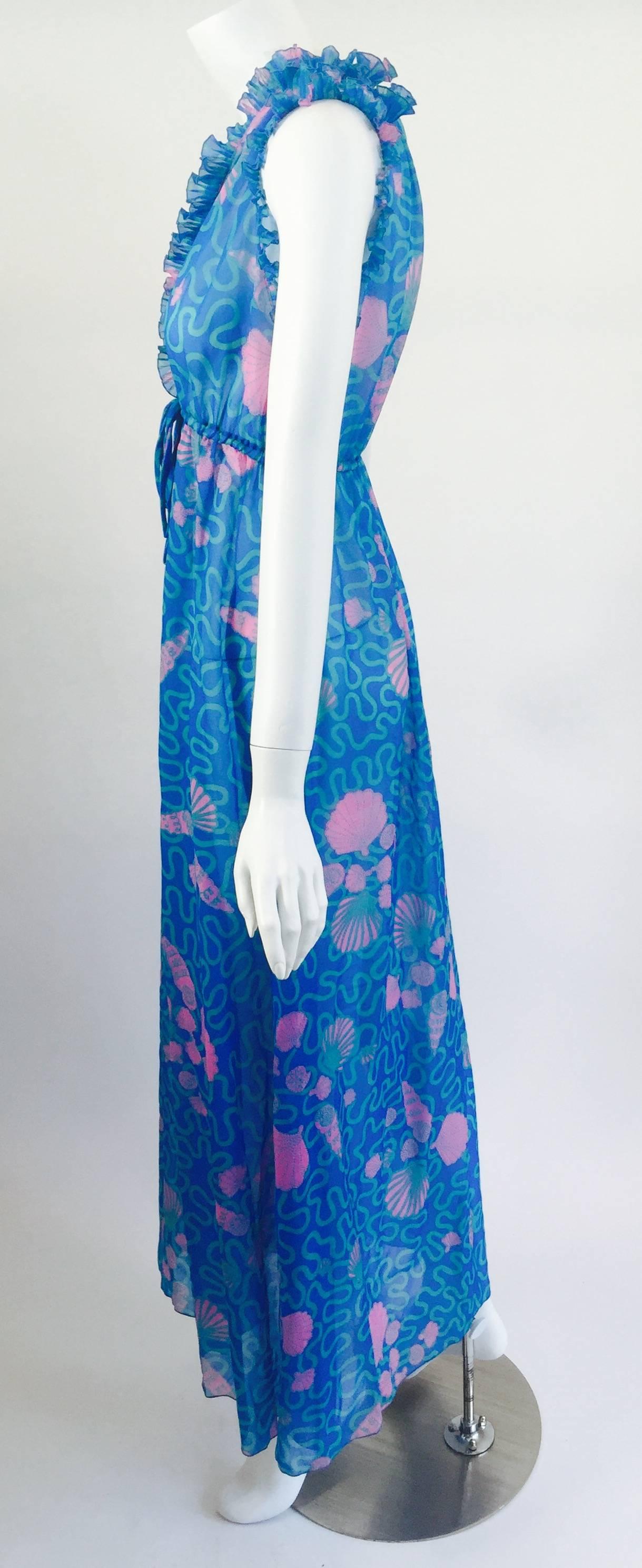 1970s Zandra Rhodes Blue and Pink Seashell Print Sleeveless Caftan Dress 2