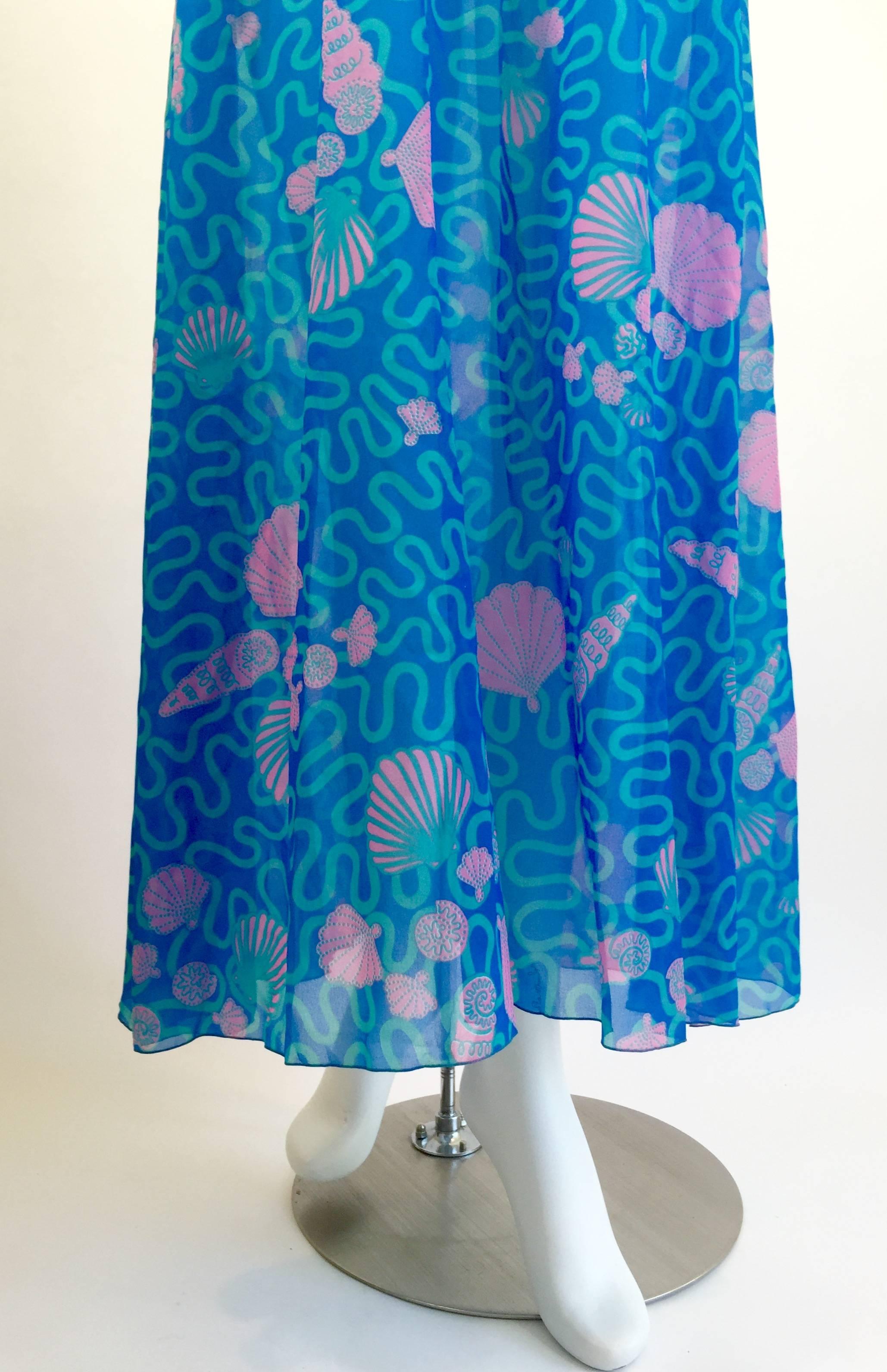 1970s Zandra Rhodes Blue and Pink Seashell Print Sleeveless Caftan Dress 4