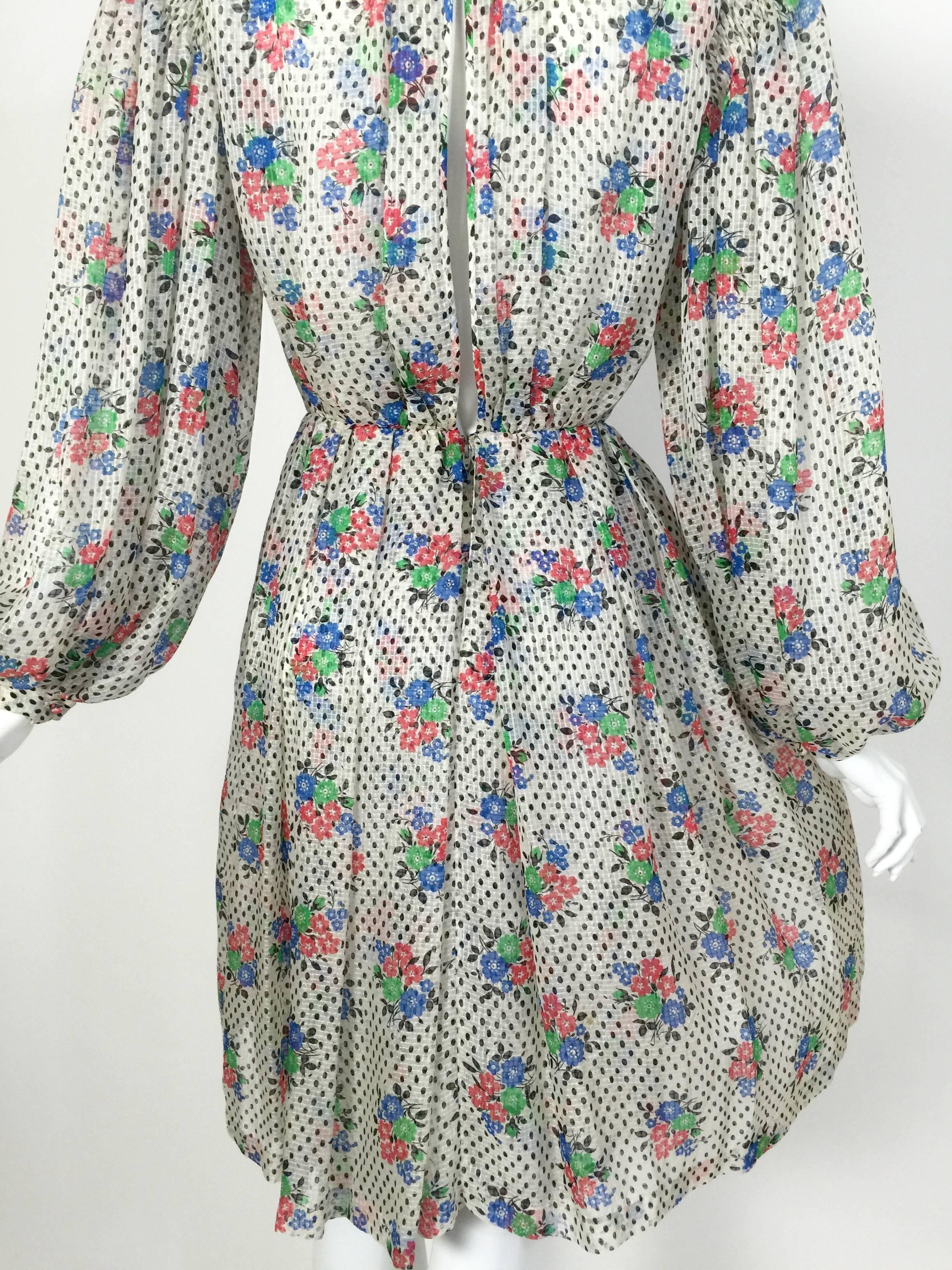 1970s Galanos Floral Dot print  Billow Sleeve Cut-Out Back Silk Cocktail Dress In Excellent Condition In Boca Raton, FL