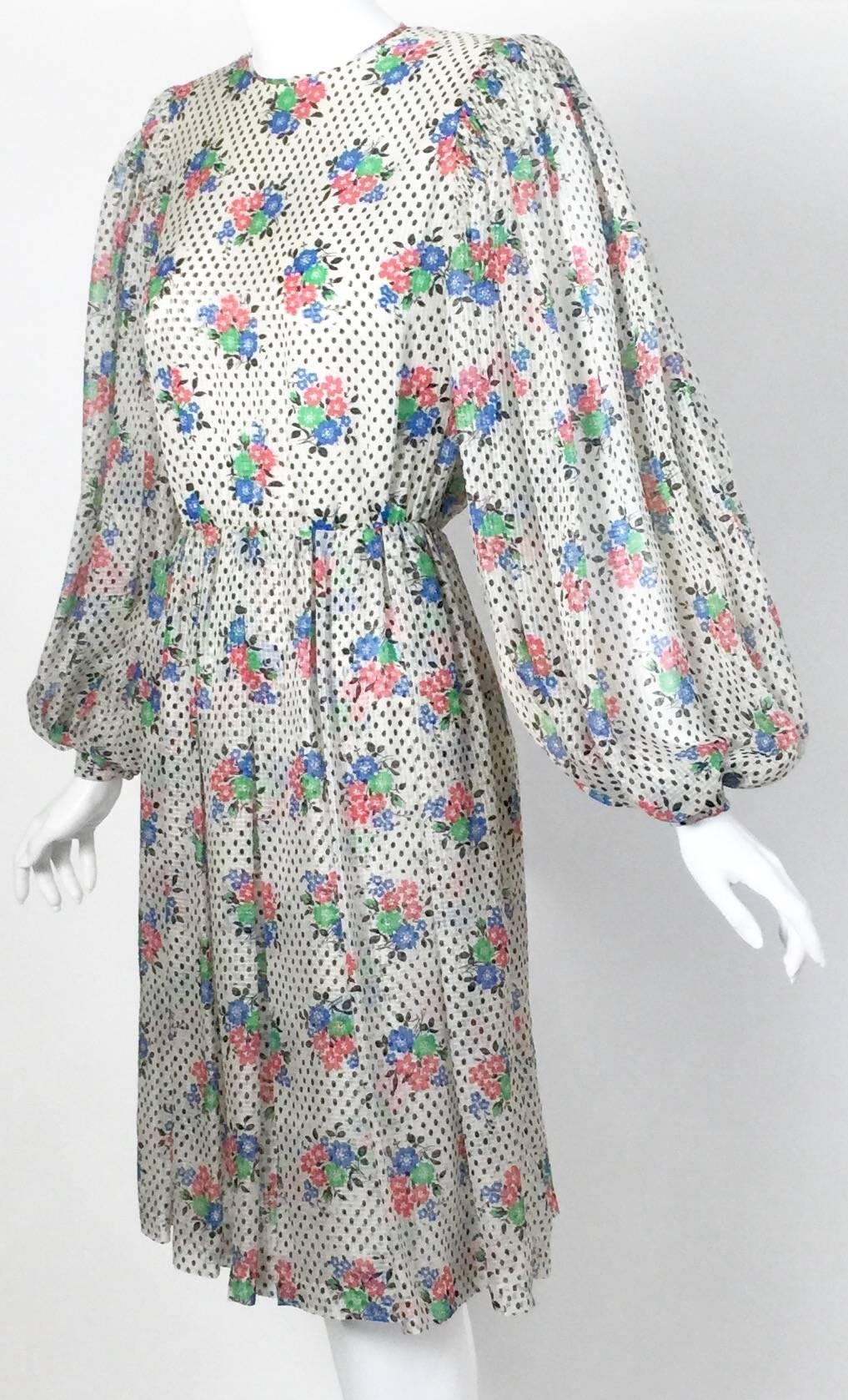 1970s Galanos Floral Dot print  Billow Sleeve Cut-Out Back Silk Cocktail Dress 4