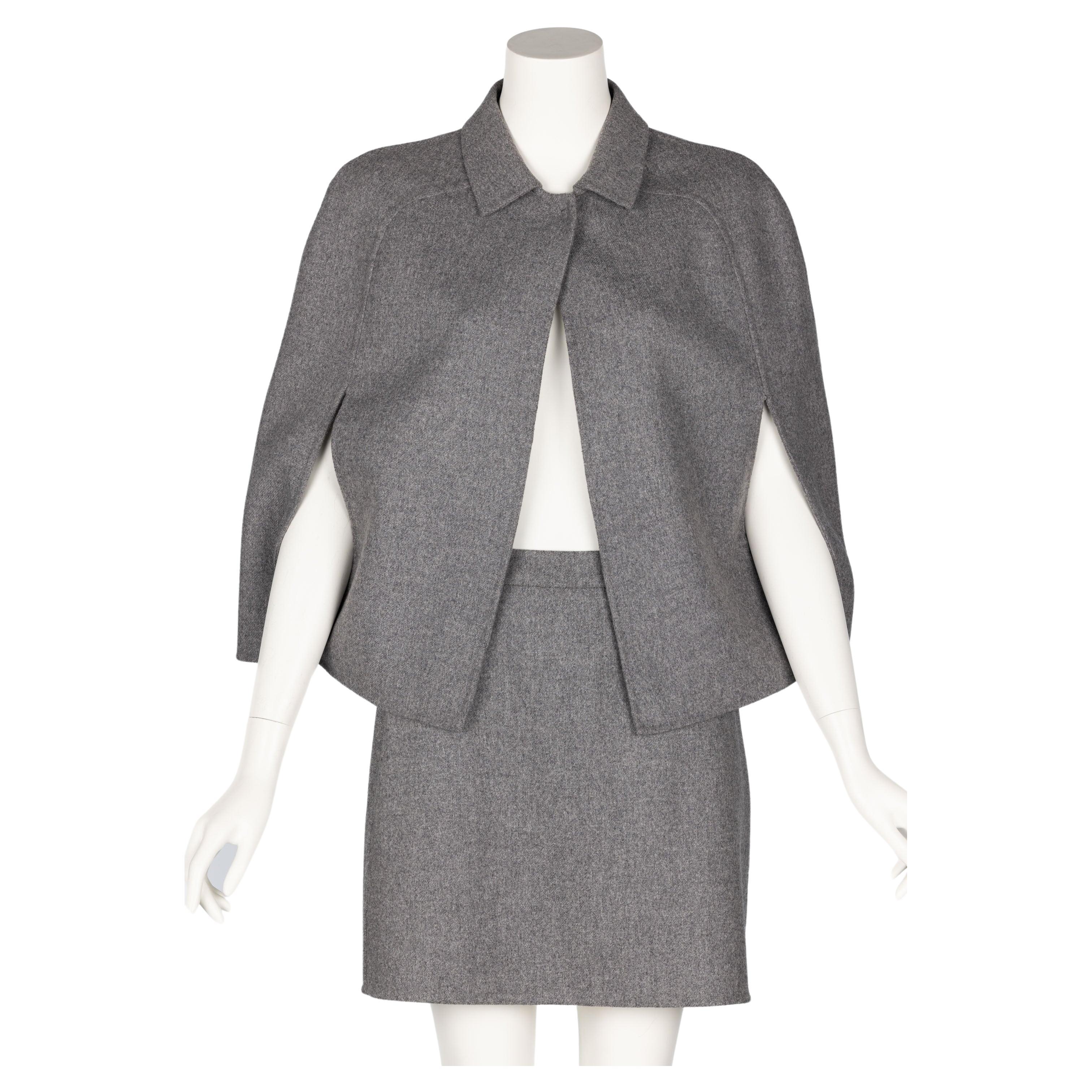 Valentino Grey Wool Angora Cape Mini Skirt Suit Set For Sale