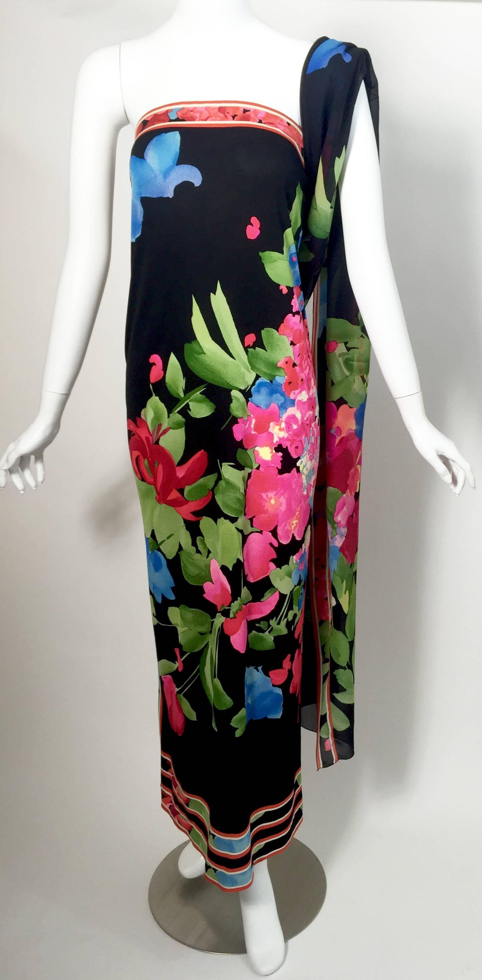 Black 1970s Leonard Paris Strapless Floral Silk Jersey Tube Dress With Attached Shawl