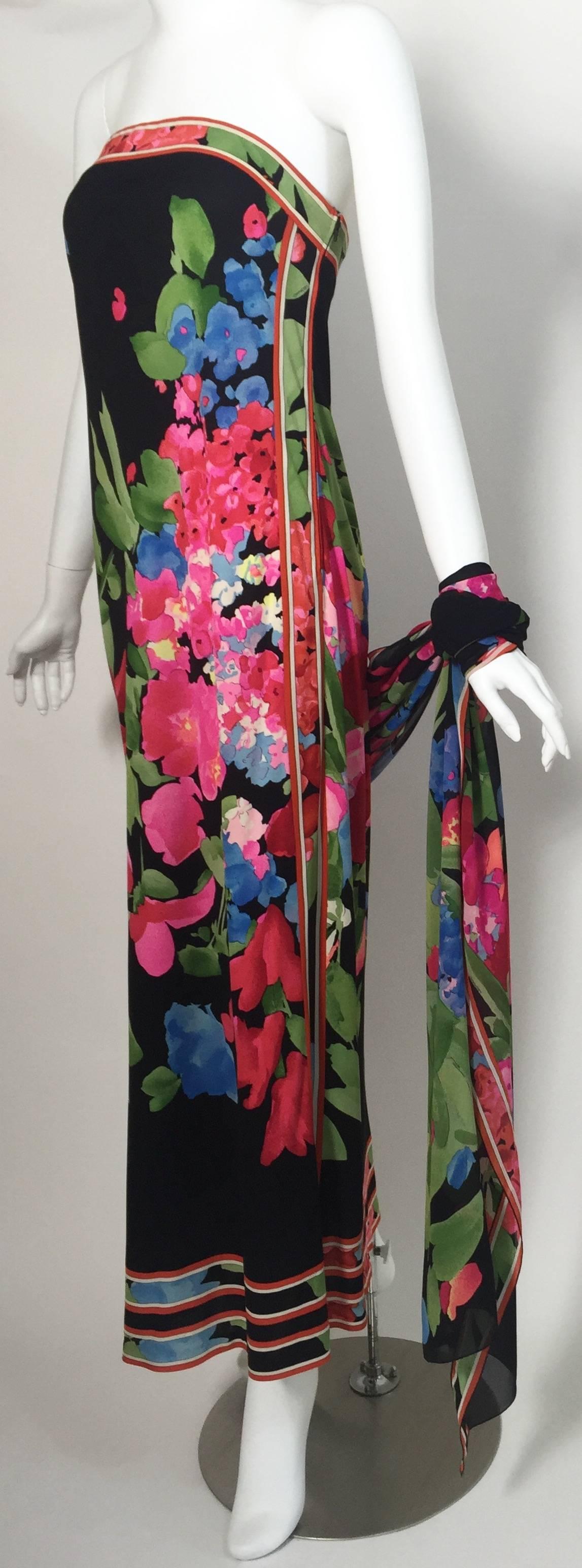 1970s Leonard Paris Strapless Floral Silk Jersey Tube Dress With Attached Shawl In Excellent Condition In Boca Raton, FL