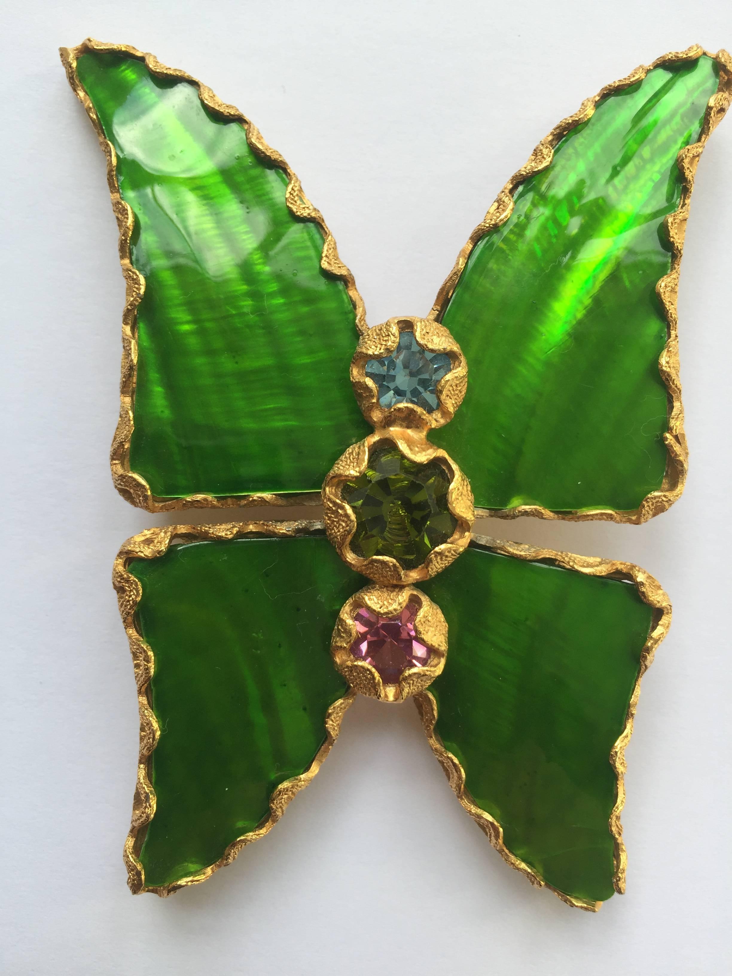 Vintage Yves Saint Laurent Green Enamel and Gold Butterfly Pin YSL In Excellent Condition In Boca Raton, FL