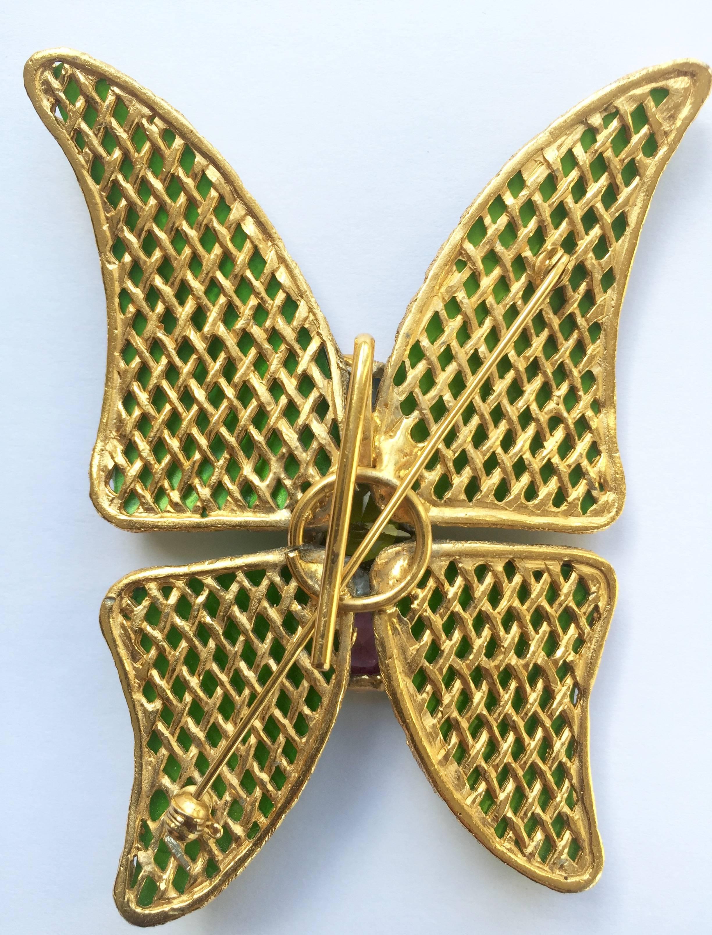 Art Deco Vintage Yves Saint Laurent Green Enamel and Gold Butterfly Pin YSL