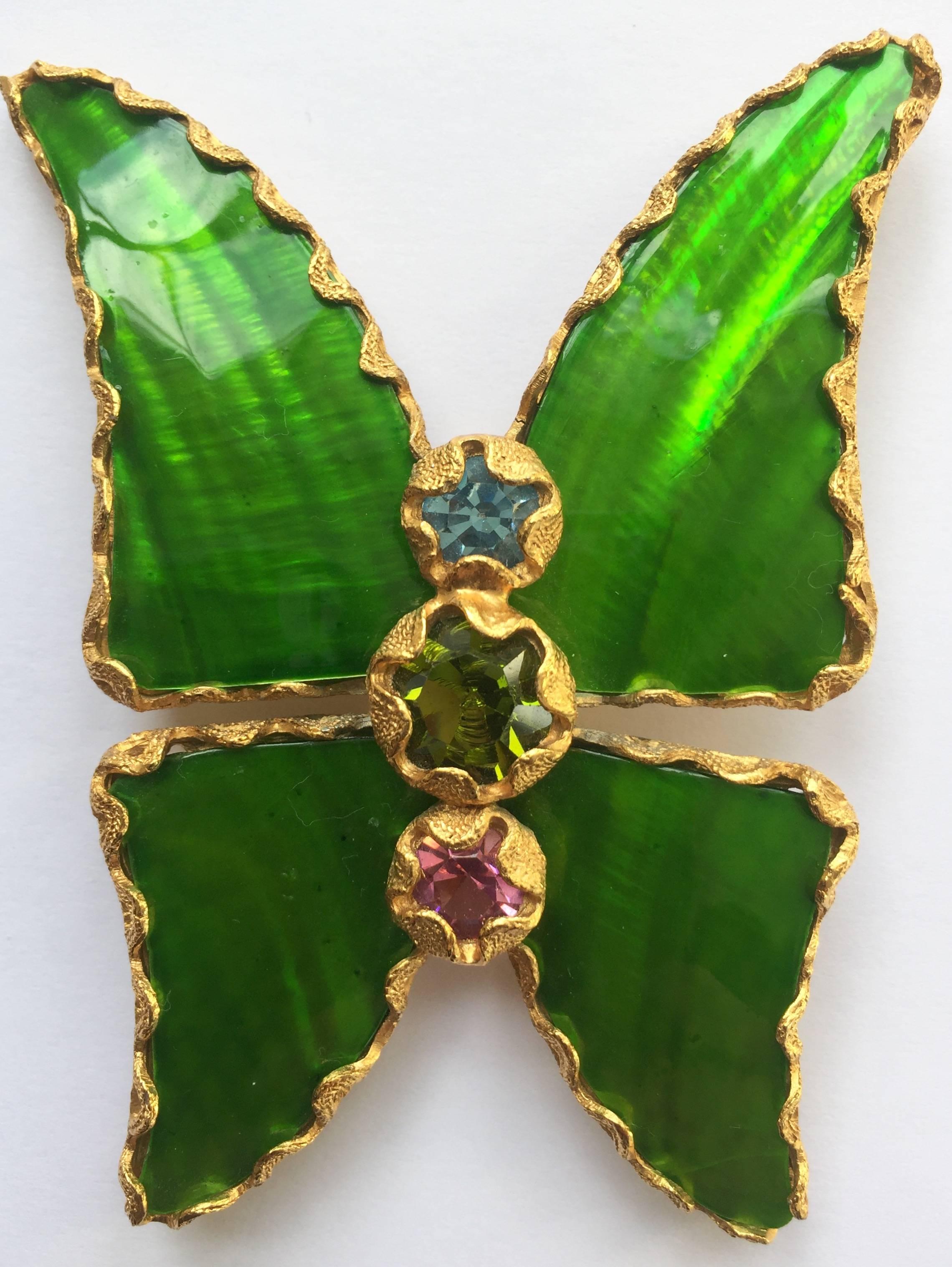 Women's Vintage Yves Saint Laurent Green Enamel and Gold Butterfly Pin YSL