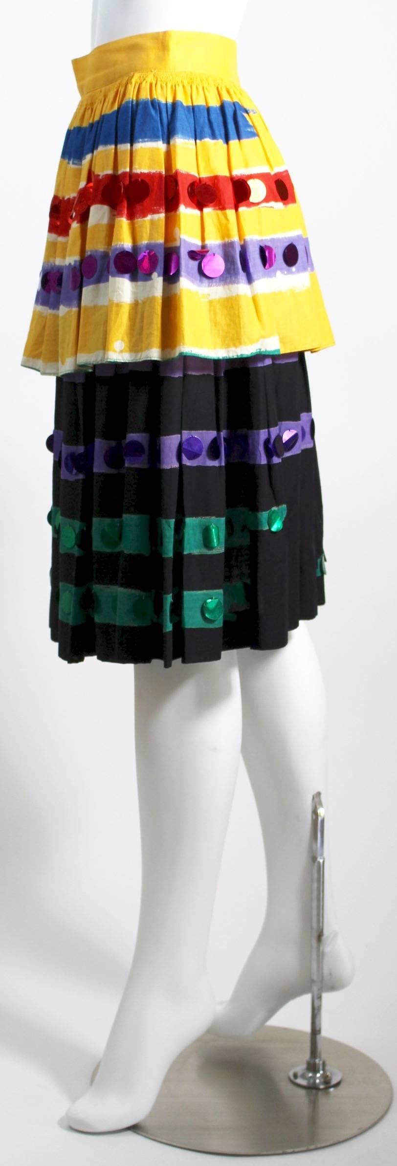 Women's  1980s Michaele Vollbrach Colorful Cotton Layered Gypsy Pheasant Skirt 